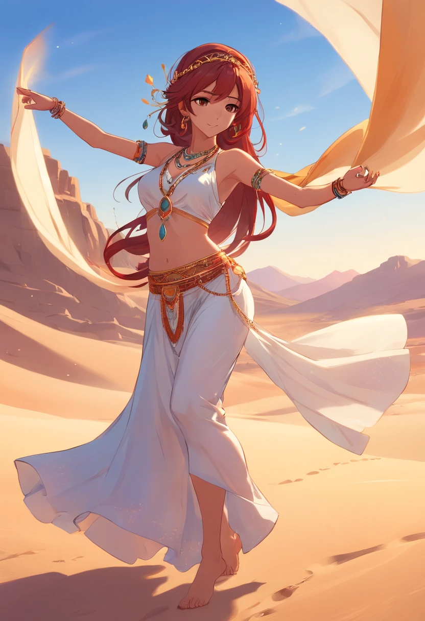 exquisite illustration、full body illustration、A woman in a long dress dances in the desert, Jump up,Volleying action,Dance in the air,Exaggerated dance moves,The light gauze skirt flutters,In the dusty desert, she is dressed as a belly dancer, gracefully belly dancing pose, arabian princess, arabian beauty, Belly dancing, dune style, Arabic inspiration, arabian nights inspired, desert robe, wearing an elegant tribal outfit,with long coiled hair,red tinted hair,Gorgeous jewelry,Gorgeous headdress,Delicate bead chains hang over hair and clothes,Flappy string of gemstones,Shiny and shiny