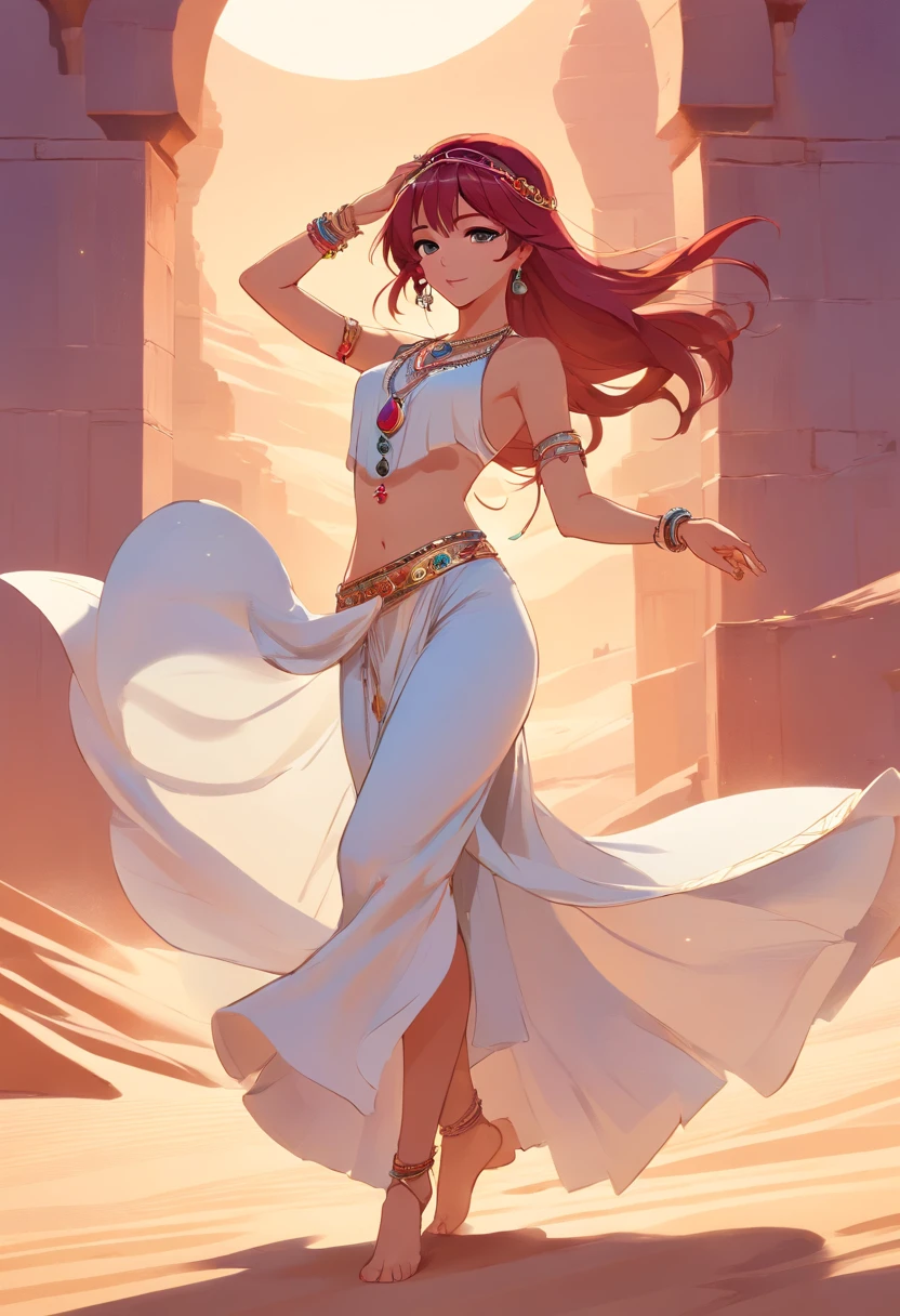 exquisite illustration、full body illustration、A woman in a long dress dances in the desert, Jump up，Volleying action，Dance in the air，Exaggerated dance moves，The light gauze skirt flutters，In the dusty desert, she is dressed as a belly dancer, gracefully belly dancing pose, arabian princess, arabian beauty, Belly dancing, dune style, Arabic inspiration, arabian nights inspired, desert robe, wearing an elegant tribal outfit，with long coiled hair，red tinted hair，Gorgeous jewelry，Gorgeous headdress，Delicate bead chains hang over hair and clothes，Flappy string of gemstones，Shiny and shiny