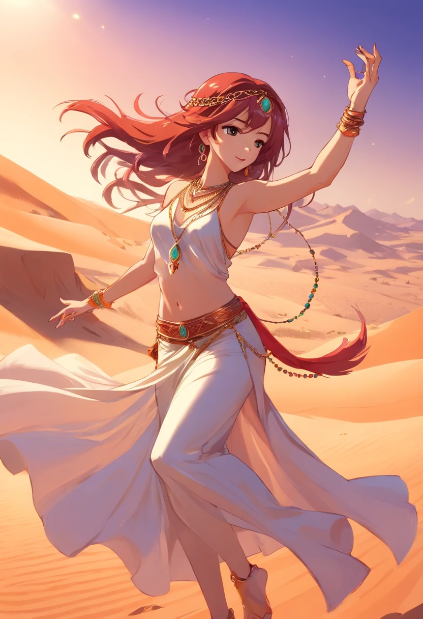 exquisite illustration、full body illustration、A woman in a long dress dances in the desert, Jump up,Volleying action,Dance in the air,Exaggerated dance moves,The light gauze skirt flutters,In the dusty desert, she is dressed as a belly dancer, gracefully belly dancing pose, arabian princess, arabian beauty, Belly dancing, dune style, Arabic inspiration, arabian nights inspired, desert robe, wearing an elegant tribal outfit,with long coiled hair,red tinted hair,Gorgeous jewelry,Gorgeous headdress,Delicate bead chains hang over hair and clothes,Flappy string of gemstones,Shiny and shiny
