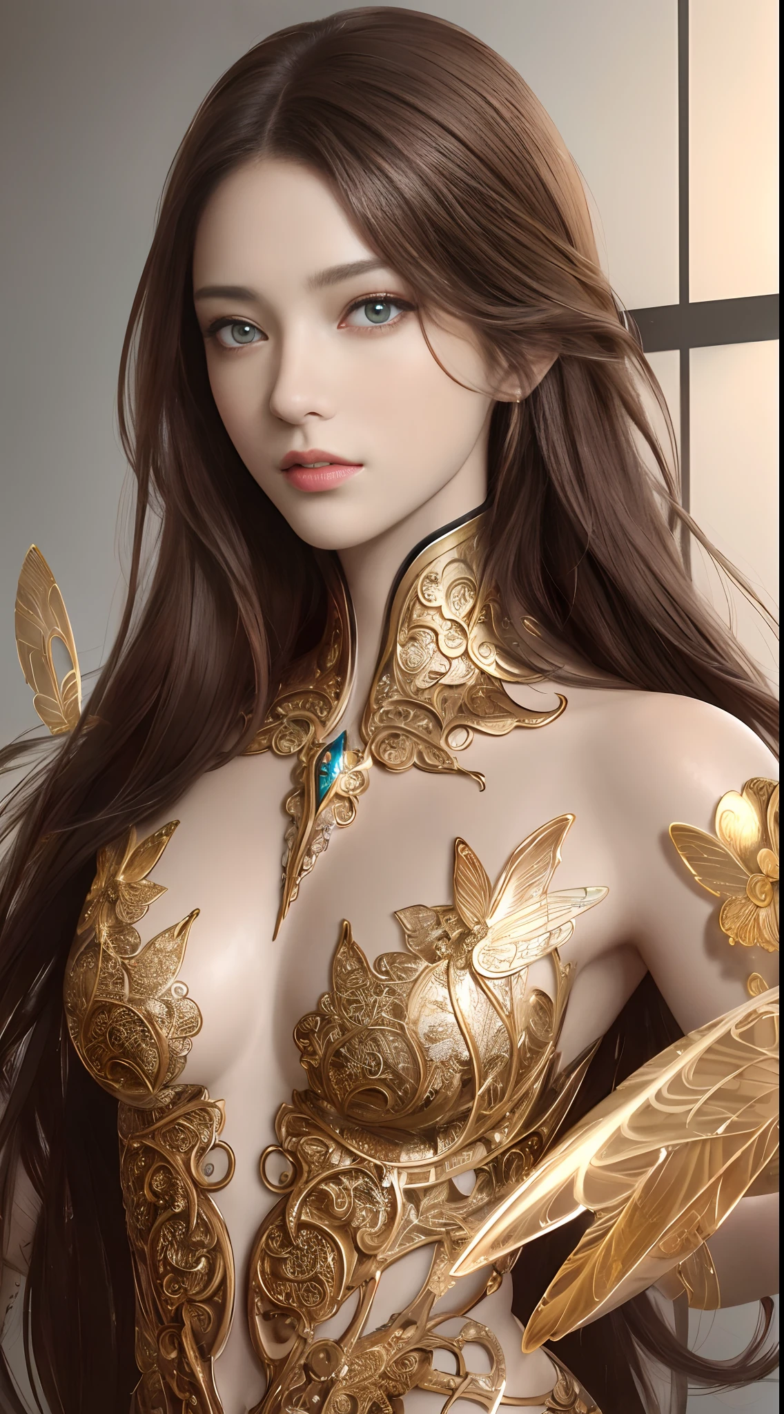 8k portrait of beautiful cyborg with brown hair, intricate, elegant, highly detailed, majestic, digital photography, art by artgerm and ruan jia and greg rutkowski surreal painting gold butterfly filigree, broken glass, (masterpiece, sidelighting, finely detailed beautiful eyes: 1.2), hdr,