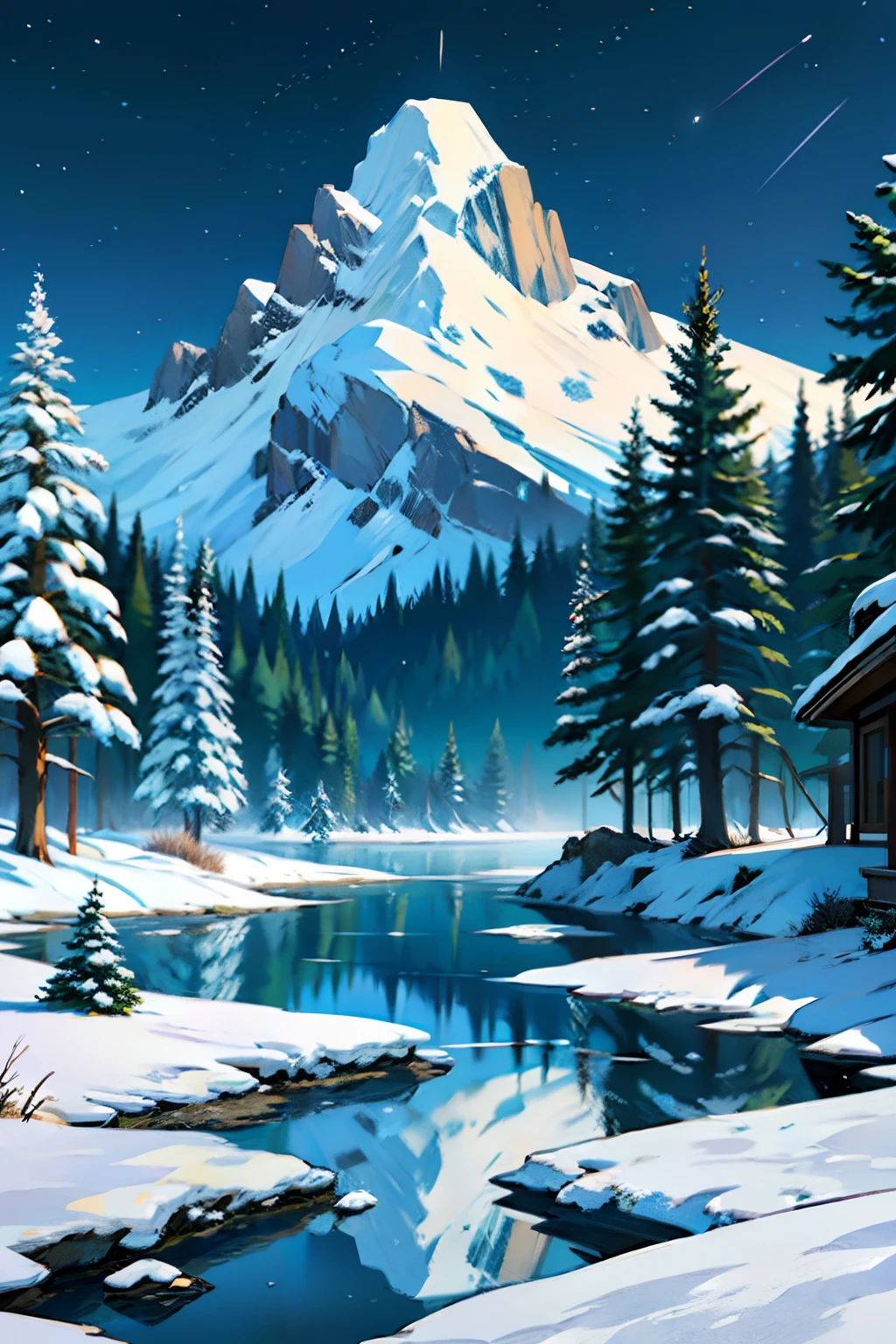 A painting of a winter landscape, pine trees, a blizzard of snow, snow drifts, lake of ice, evening light, dark sky.