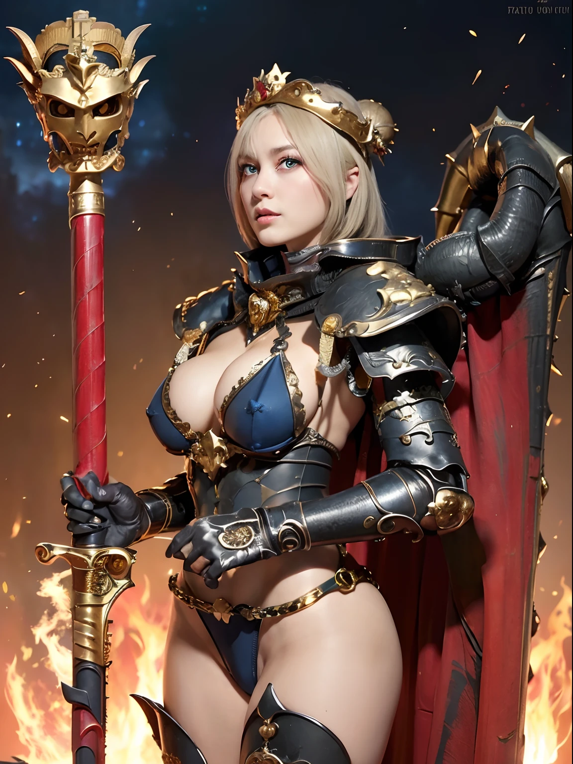 （World of Darkness）、Professional , ​masterpiece、top-quality、photos realistic , depth of fields 、（Dragon Black Metal Body:1.９),(Matte Blue Black、(Night World)、（cleavage of the breast）、Dragon Gold Weapon、（Micro Bikini Armor:1.４),Gorgeous gold weapons ,（Fight dragons and demon soldiers）、Seductive look、intense fighting、（（ Dragon's dense and gorgeous sword）） , （demonic wings）   ,Detail and gorgeous crown、（（a blond））、（Castle background）、（（Gangle's forest background））、Beautiful Caucasian beauty、１a person、dynamic ungle,(((Detailed and ornate dragon helmet)))、Smaller head、A smile、Castle background、Thin and beautiful female hands、cleavage of the breast、Soldier in iron armor on background、Mystical expression、Light Effects、intense fighting、Wind-effect、magic circles、With the legendary magic wand、Dragon's tail、Open thighs、