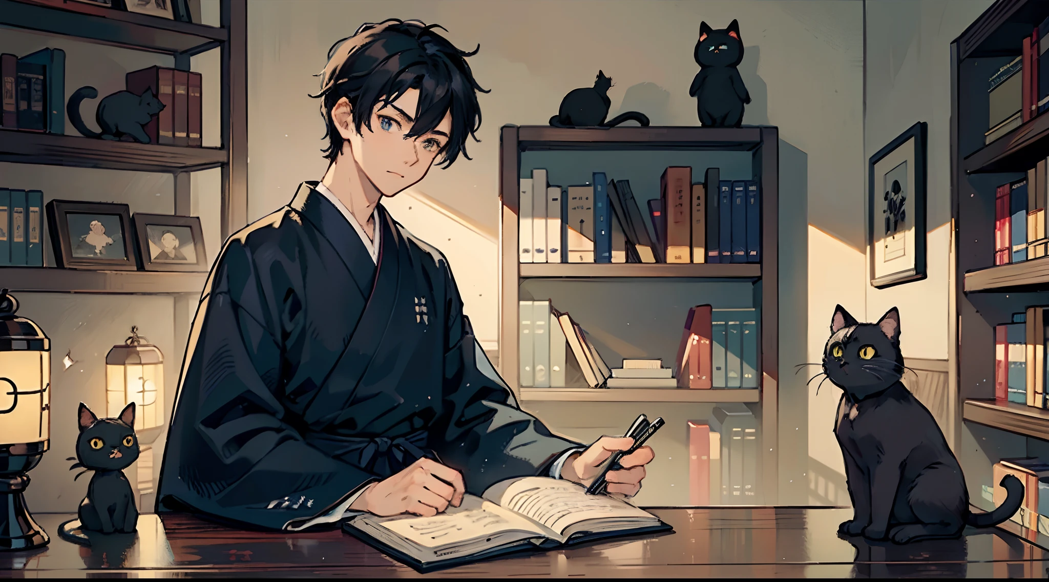 #Quality (intricate-detail、ultra-detailliert:1.2,cinematic shot),
#night landscape (navy blue night sky),
#one writing boy (16 male、writer,Honor Students、A dark-haired、short-hair、hakama,sit flat),
#dark room (only one candle,books on desk,pretty tatami,a lot of books,bookshelf,black cat)