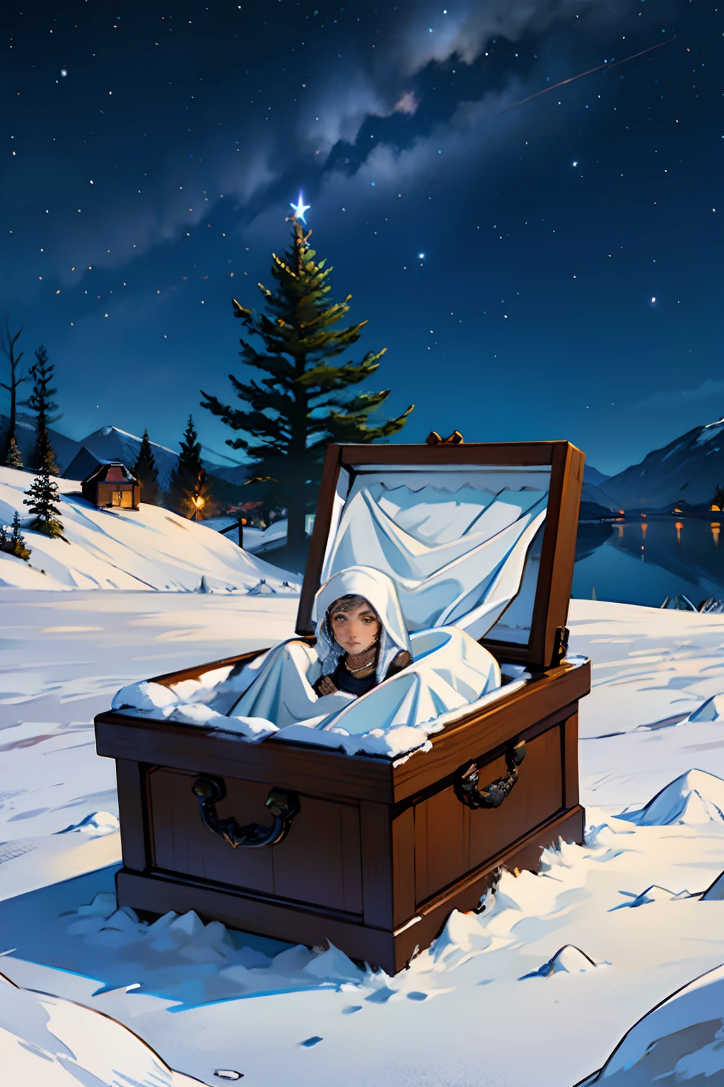 A painting of a closed coffin, sitting in the snow, winter, eerie night time light, dark sky with stars.