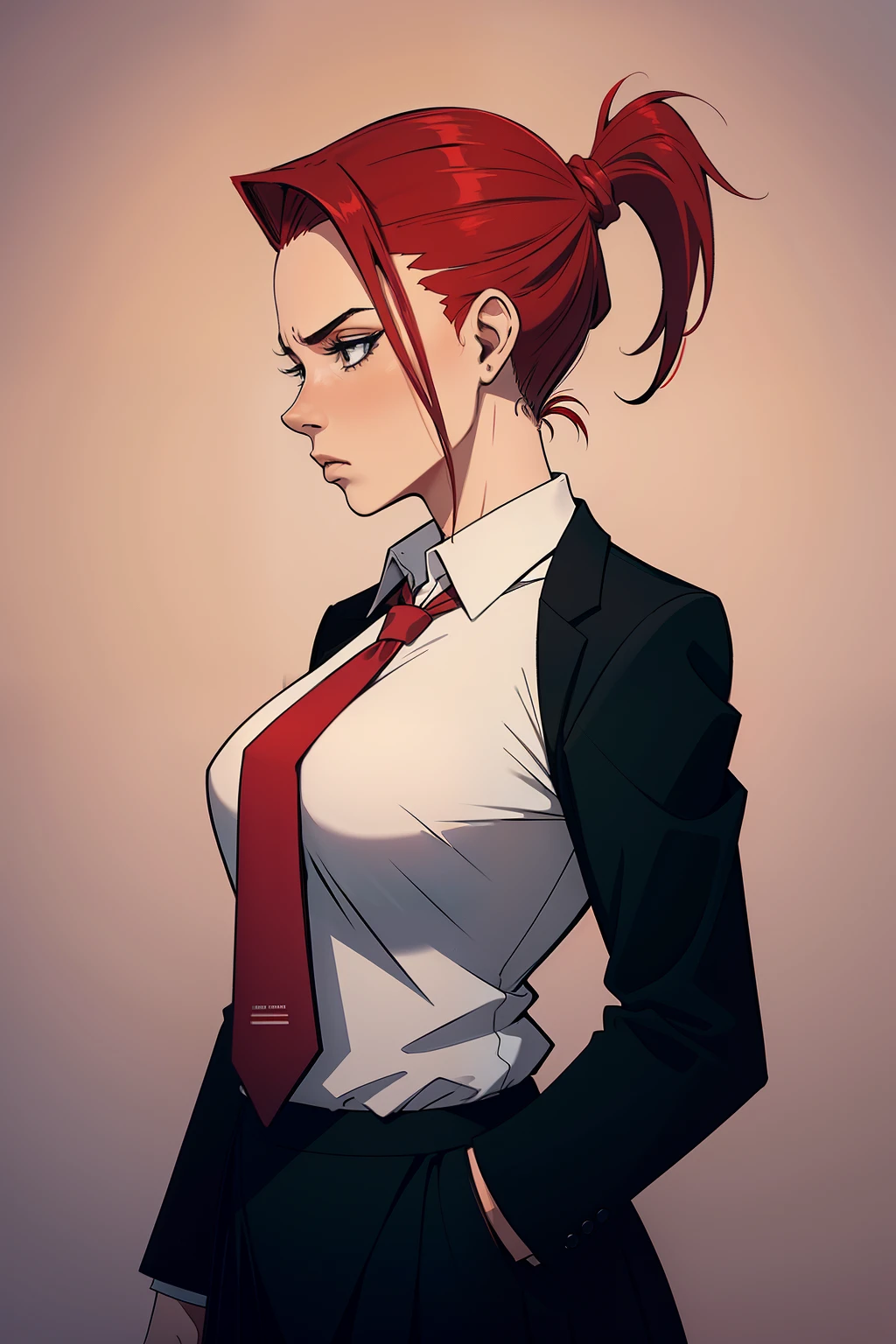 woman, red ponytail hair, wearing a black office suit, red tie,black office skirt, stressed, no background