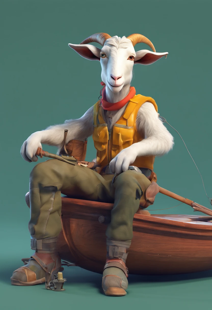 a humanoid goat, sitting on the boat fishing, having fun, cartoon style, promotional art, very stylized character design, t shirt art