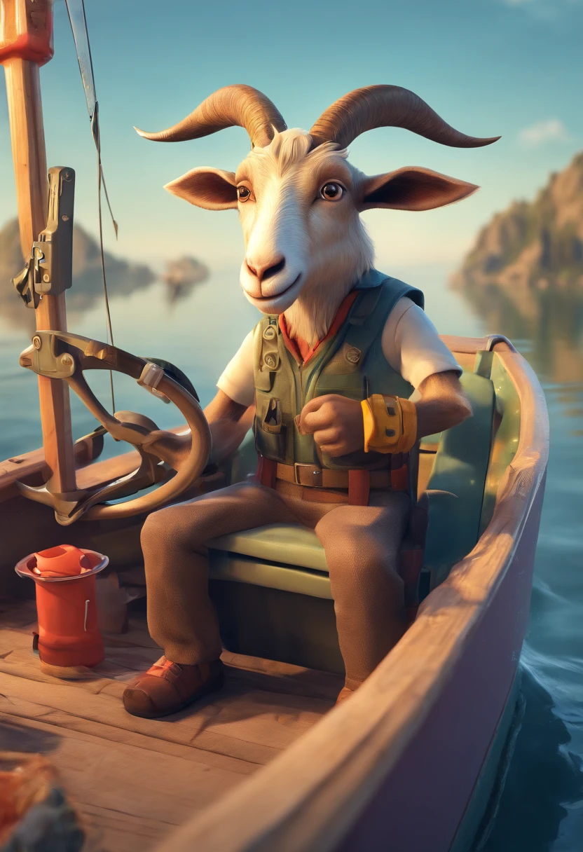 a humanoid goat, sitting on the boat fishing, having fun, cartoon style, promotional art, very stylized character design, t shirt art