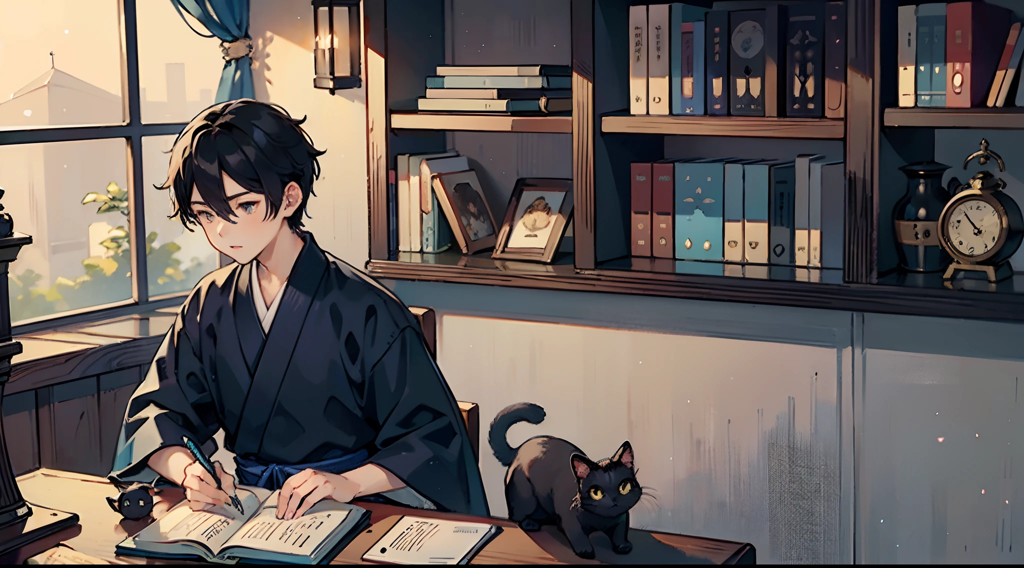 #Quality (intricate-detail、ultra-detailliert:1.2,cinematic shot), #night landscape (navy blue night sky), #one writing boy (16 male、writer,Honor Students、A dark-haired、short-hair、hakama,sit flat), #dark room (only one candle,books on desk,pretty tatami,a lot of books,bookshelf,black cat)