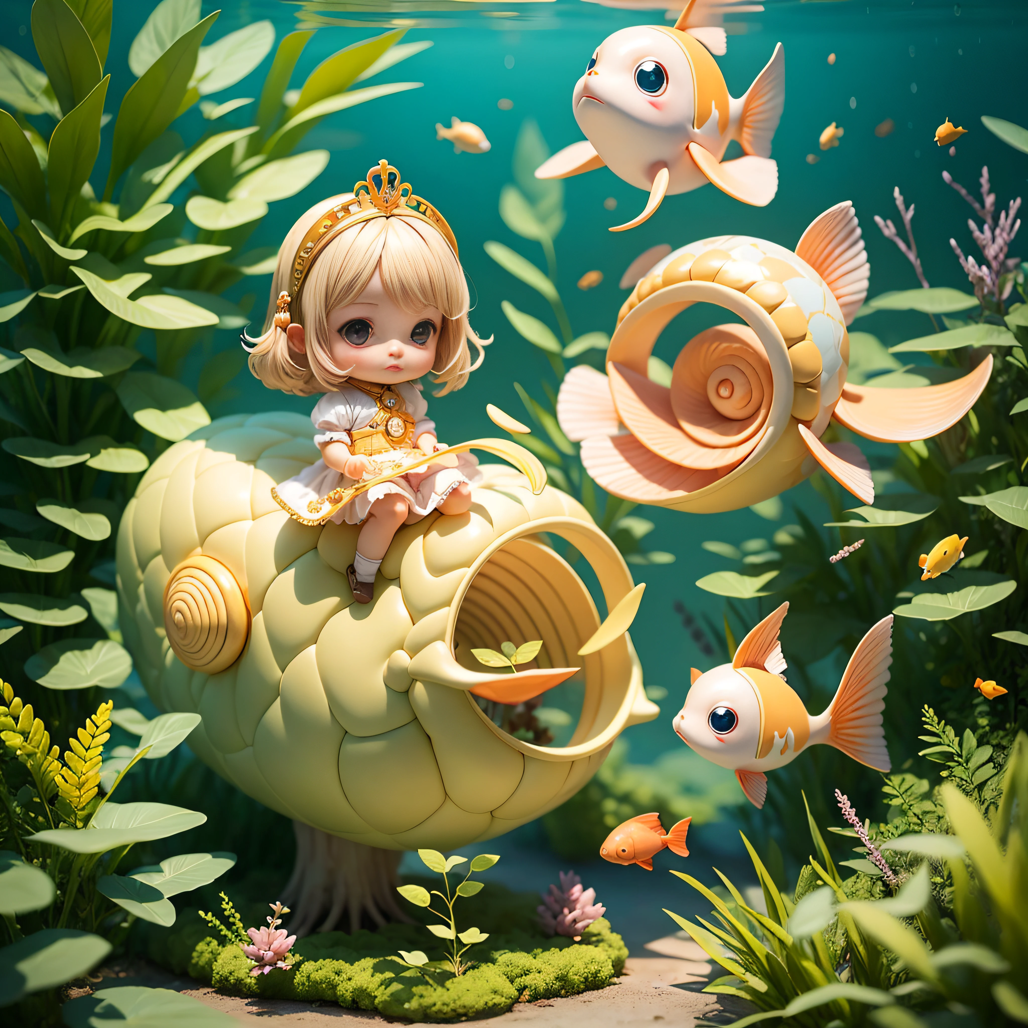 Cute Chibi Anime, Pearl beige and pearl green clothes,Sit on a nautilus,Aquaworld,Nautilus Tiara,A lot of fish