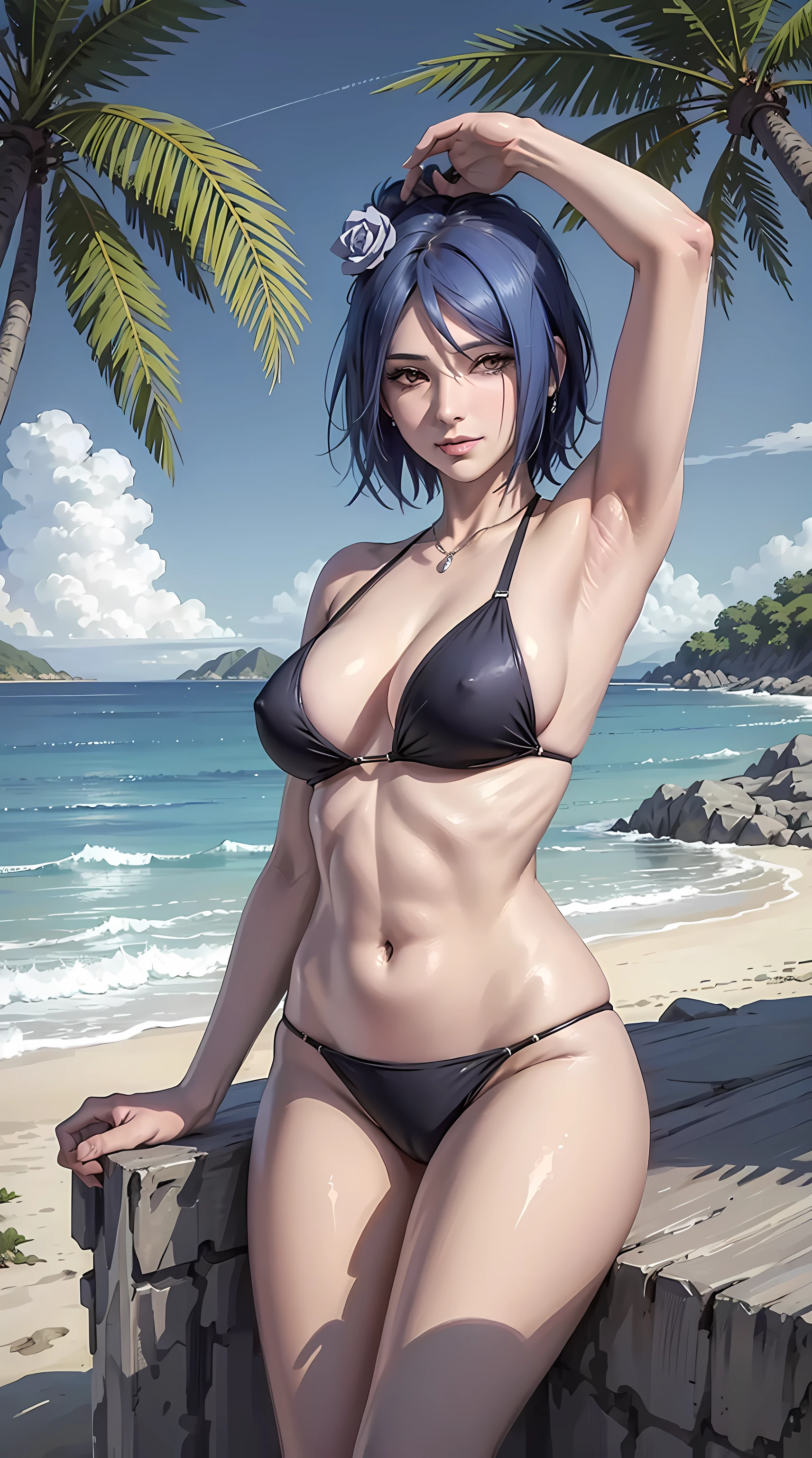 konan \(naruto\), labret piercing, short hair, dark blue hair, both hands holding the hair at the back of the head, showing armpits, beautiful, beautiful woman, perfect body, perfect breasts, wearing a beach bikini, light purple bikini, expensive bikini, on the beach, beautiful beach, very beautiful, coconut trees, looking at the viewer, a slight smile, realism, masterpiece, textured skin, super detail, high detail, high quality, best quality, 1080p, 16k