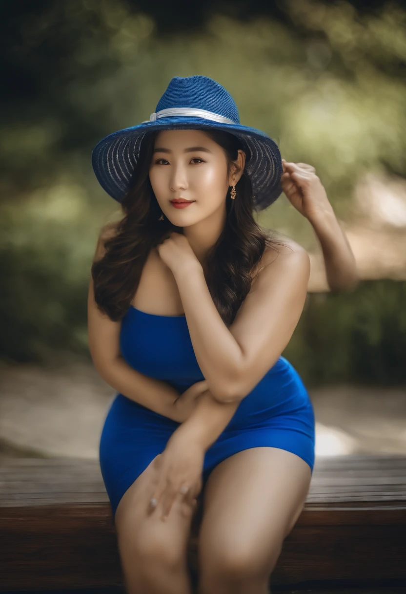 ((Mejor calidad, 32k, HDR Obra maestra: 1.3)) A Korean woman wearing a blue swimsuit and hat, posing in a studio photograph, fondo simple y elegante
