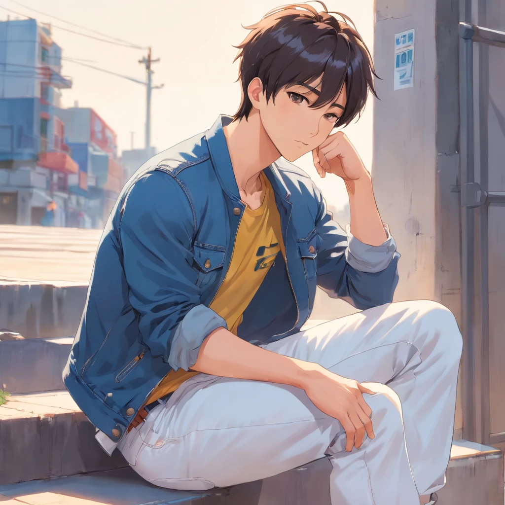 Alafed male model in white jeans and denim jacket leaning against wall, Korean Male, Jinyoung Shin, korean muscle boy 2 1 years old, model with attractive body, Cai Xukun's, taejune kim, male model, siwoo kim, inspired by Joong Keun Lee, Hyuntae, inspired by jeonseok lee, sun-hyuk kim, with abs