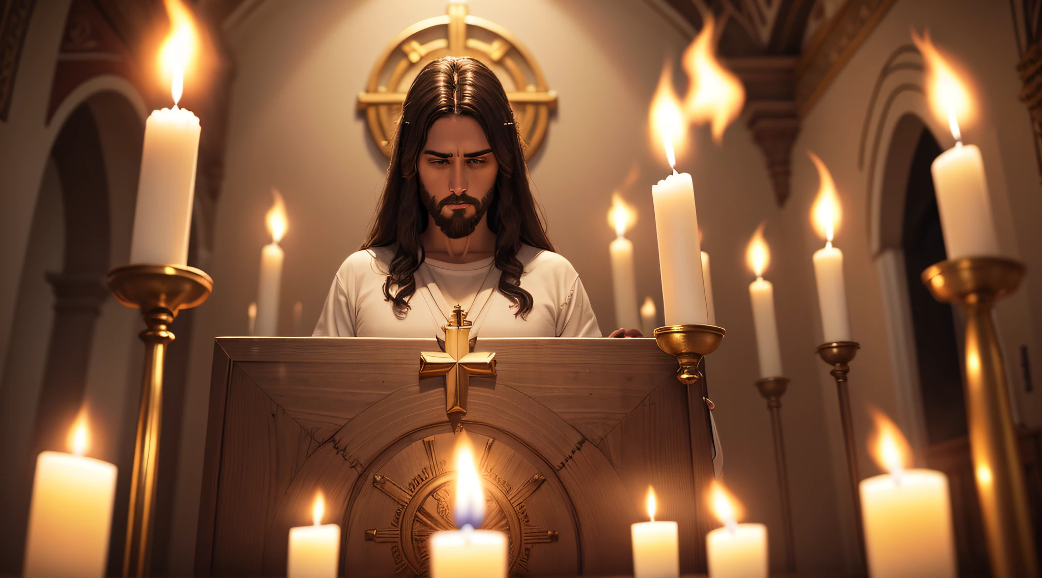 Jesus cristo em uma sala antiga com velas acesas ao fundo