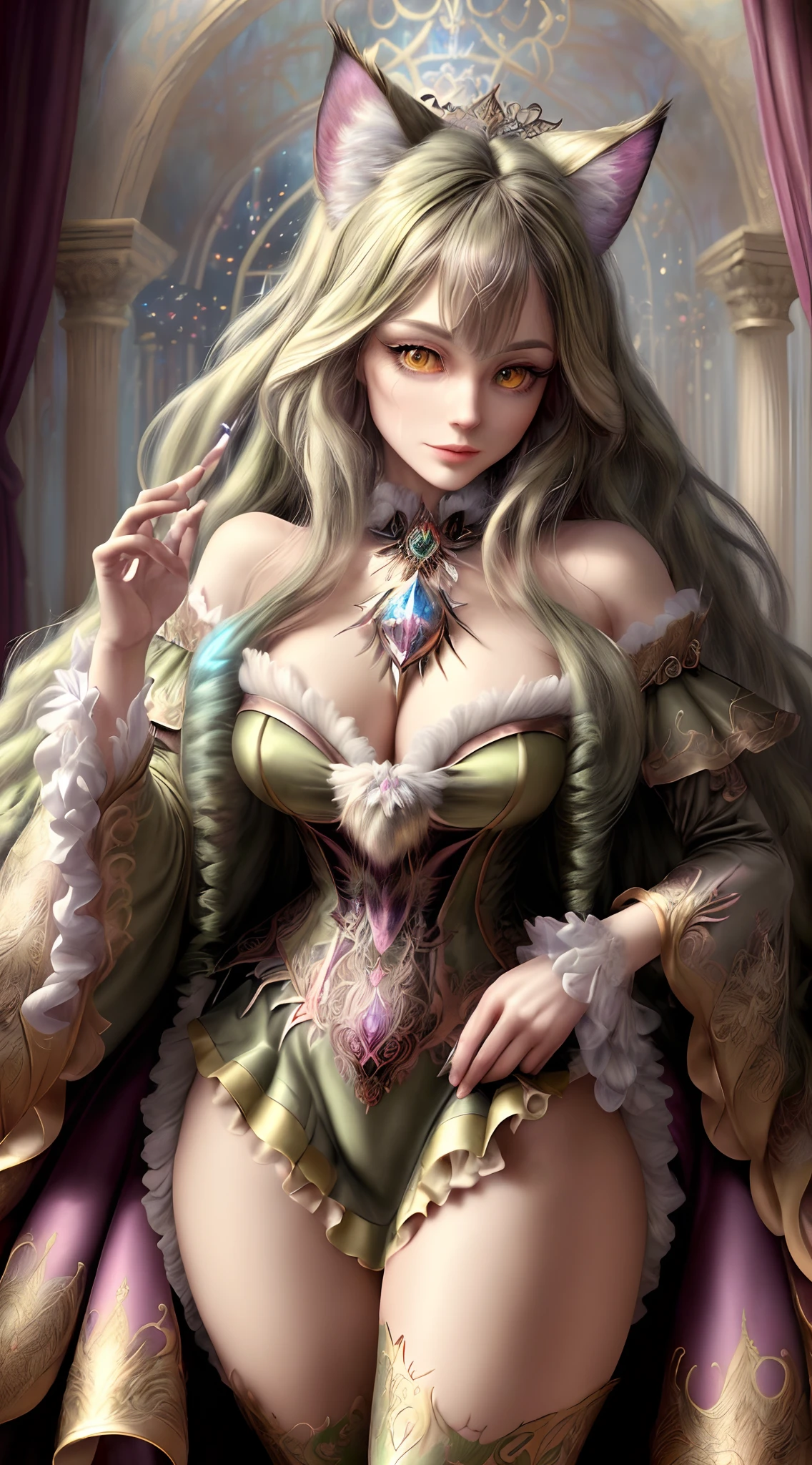 ((ultra-detailed)), (highly detailed CG illustration), ((an extremely delicate and beautiful maincoon)), cinematic light, Create a stunning fantasy artwork that mimics the style of currently trending masters of the genre. The art piece should contain elements of both mythic fantasy with colorful accents. ((Utilize various shades of olive green and watercolor pastels as the main color scheme.)) The maincoon in the artwork is a fluffy with an aura of mystery and magic, mesmerizing eyes with vibrant colors and bold shading. The fur of maincoon should be designed with gossamer feathers, silk, stunning embroidery, and subtle iridescent details. Incorporate dreamy colors, dynamic lighting, and detailed background elements to create a sense of awe and immersion. Include magical aura. Consider, (((masterpiece))), (((best quality)))