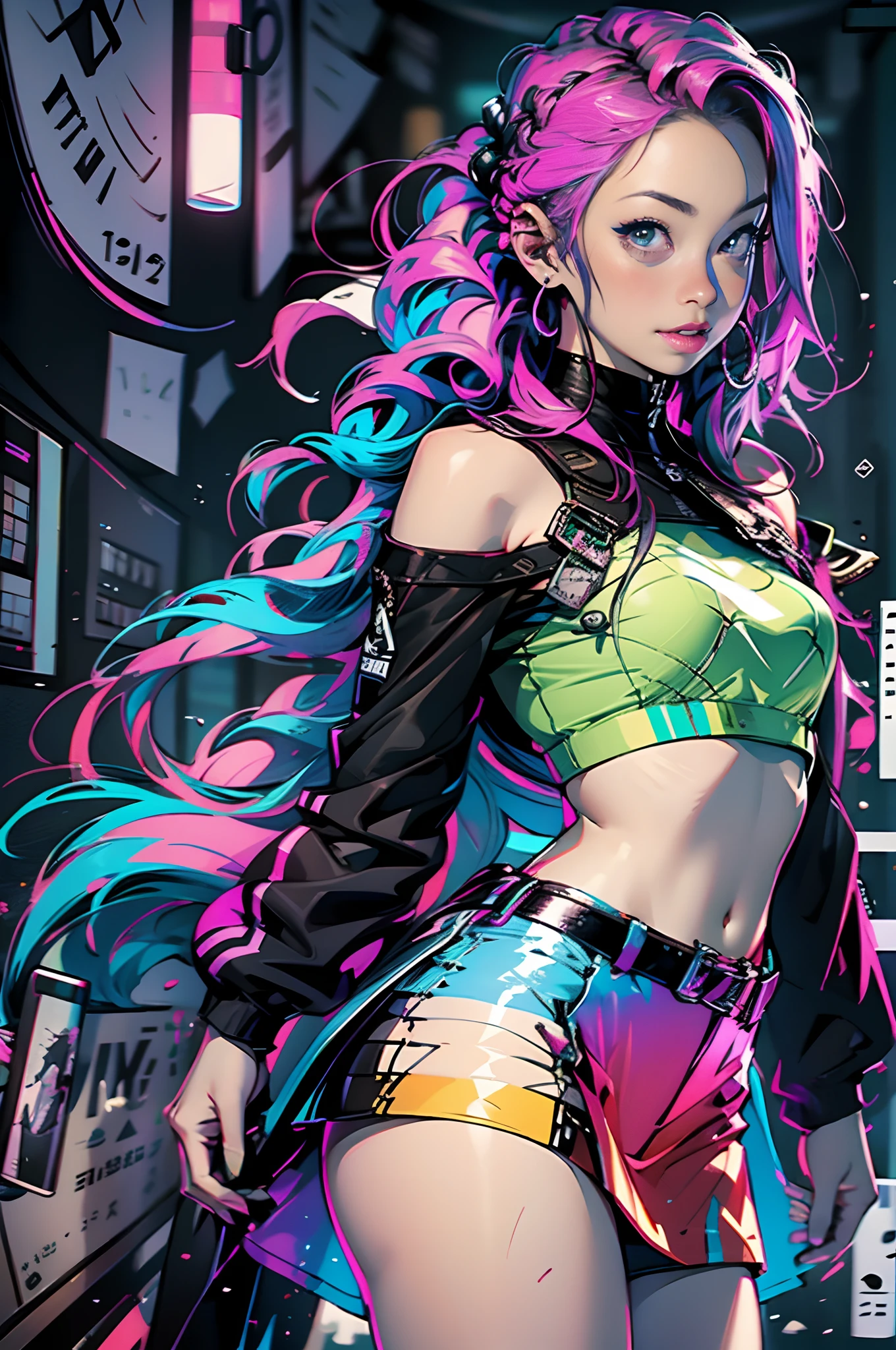Best quality, Masterpiece, 超高分辨率, (Photorealistic: 1.4), RAW photo, 1girll, Braided hair,Infectious laughter,coloured hair,Genki girl,cropped shoulders, Superskirt,Super energetic,Fractal art,dynamicposes,ventania,tidal current,Neon elements,fashion magazine, trends in art station