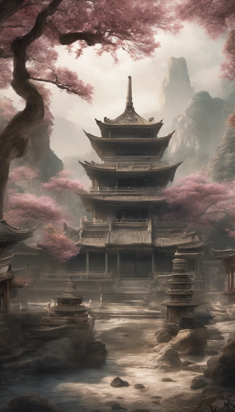 Quaint Han Dynasty style temple,(There was an ancient Chinese monk who sat and meditated(closeup cleavage)),(Meditate),zazen,age-old tree,falling leaf,(Chinese landscape painting style),(Pastel ink painting),(8k wallpaper),(light and shadow effect),rendering by octane,White balance design,Extremely detailed picture depiction,wide angles,depth of fields,tmasterpiece,realisticlying,Beautifully depicted,A detailed,acurate,Works of masters,tmasterpiece