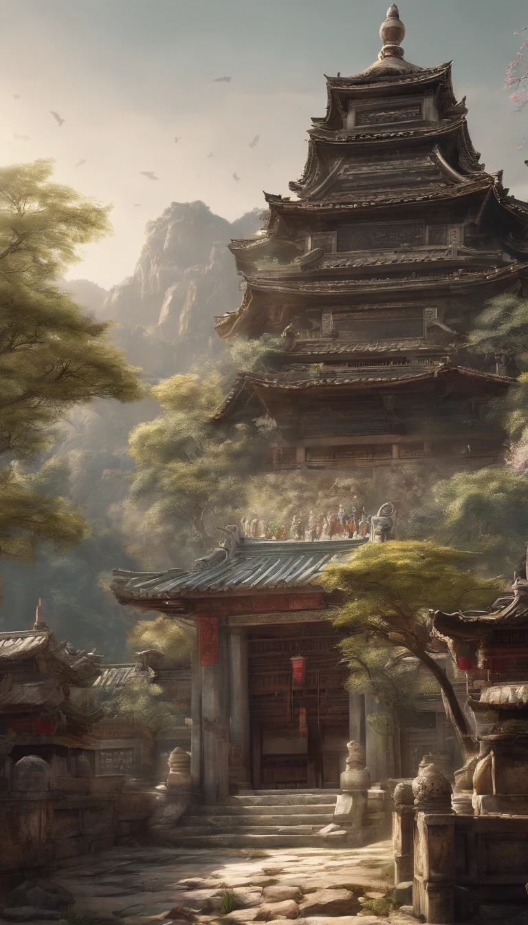 Quaint Han Dynasty style temple,(There was an ancient Chinese monk who sat and meditated(closeup cleavage)),(Meditate),zazen,age-old tree,falling leaf,(Chinese landscape painting style),(Pastel ink painting),(8k wallpaper),(light and shadow effect),rendering by octane,White balance design,Extremely detailed picture depiction,wide angles,depth of fields,tmasterpiece,realisticlying,Beautifully depicted,A detailed,acurate,Works of masters,tmasterpiece