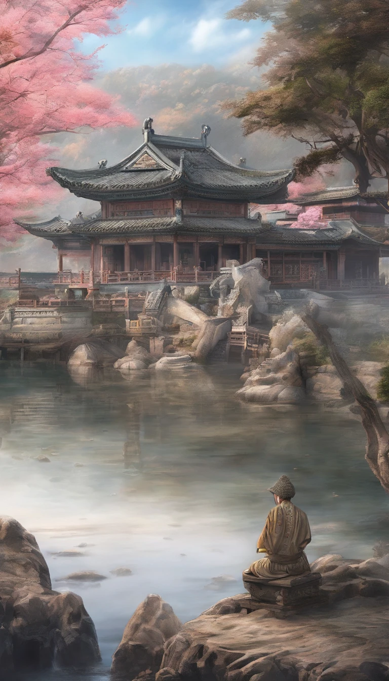 Quaint Han Dynasty style temple,(There was an ancient Chinese monk who sat and meditated(closeup cleavage)),(Meditate),zazen,age-old tree,falling leaf,(Chinese landscape painting style),(Pastel ink painting),(8k wallpaper),(light and shadow effect),rendering by octane,White balance design,Extremely detailed picture depiction,wide angles,depth of fields,tmasterpiece,realisticlying,Beautifully depicted,A detailed,acurate,Works of masters,tmasterpiece