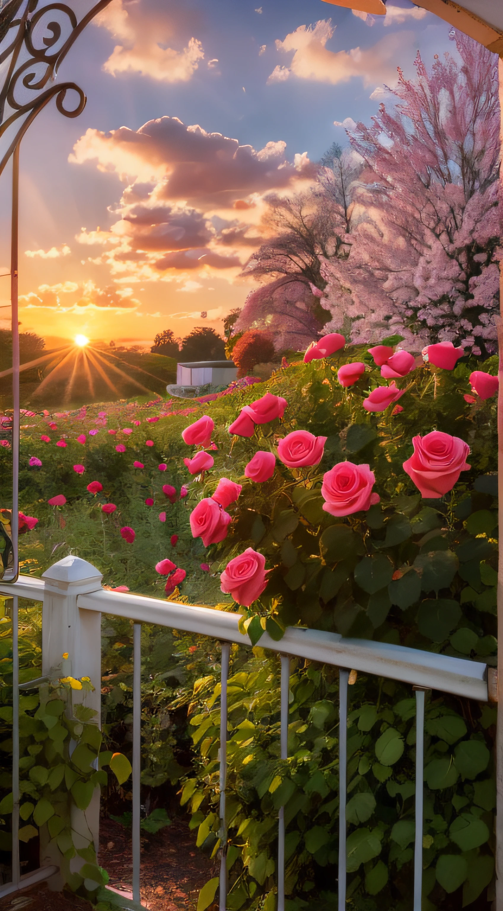 beautiful sunset,Romantic rose garden,red rose,Romantic,Realistic,White fence,Sunset in the distance,High detail,lightand shade contrast,UHD,tmasterpiece,winning artwork,Best quality at best,A high resolution,16K