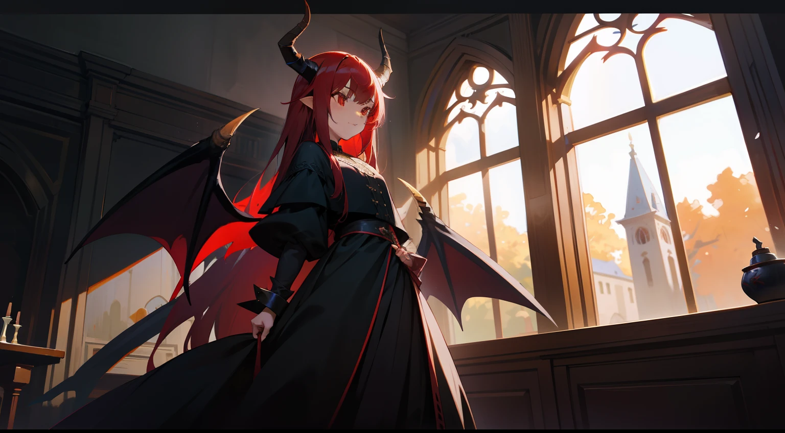one-girl,black-clad,Red-haired demon,There is a pair of dragon wings on the back,There is a pair of dragon horns on the head,Touching the curtains of the window,On the shelf was placed a ceramic vessel。,Stand in the small attic of the bell tower,Bedrooms,blossoms,the night,It was pitch black,Western fantasy,Fairytales,Works of masters,A high resolution