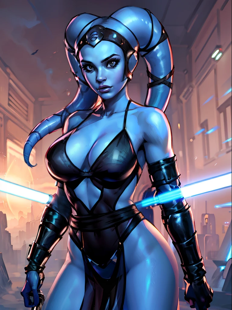 a blue twi'lek jedi wearing a sheer dress fighting with a lightsaber