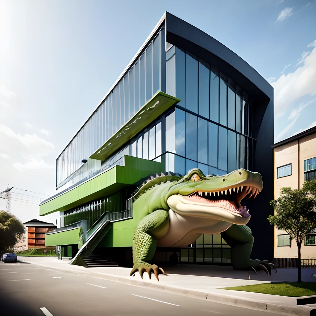 modern building inspired by a crocodile's body structure and skin texture