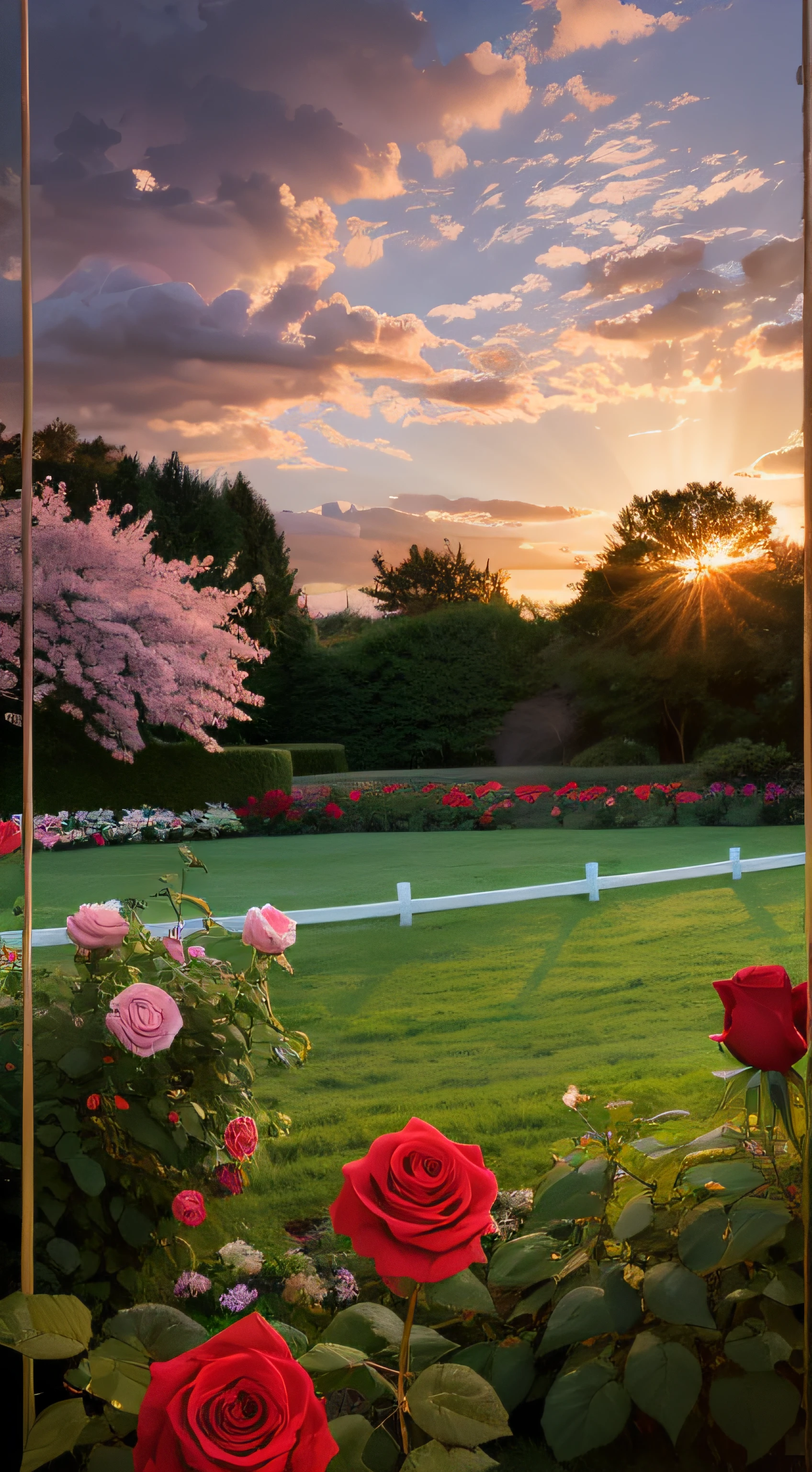 beautiful sunset,Romantic rose garden,red rose,Romantic,Realistic,White fence,Sunset in the distance,High detail,lightand shade contrast,UHD,tmasterpiece,winning artwork,Best quality at best,A high resolution,16K