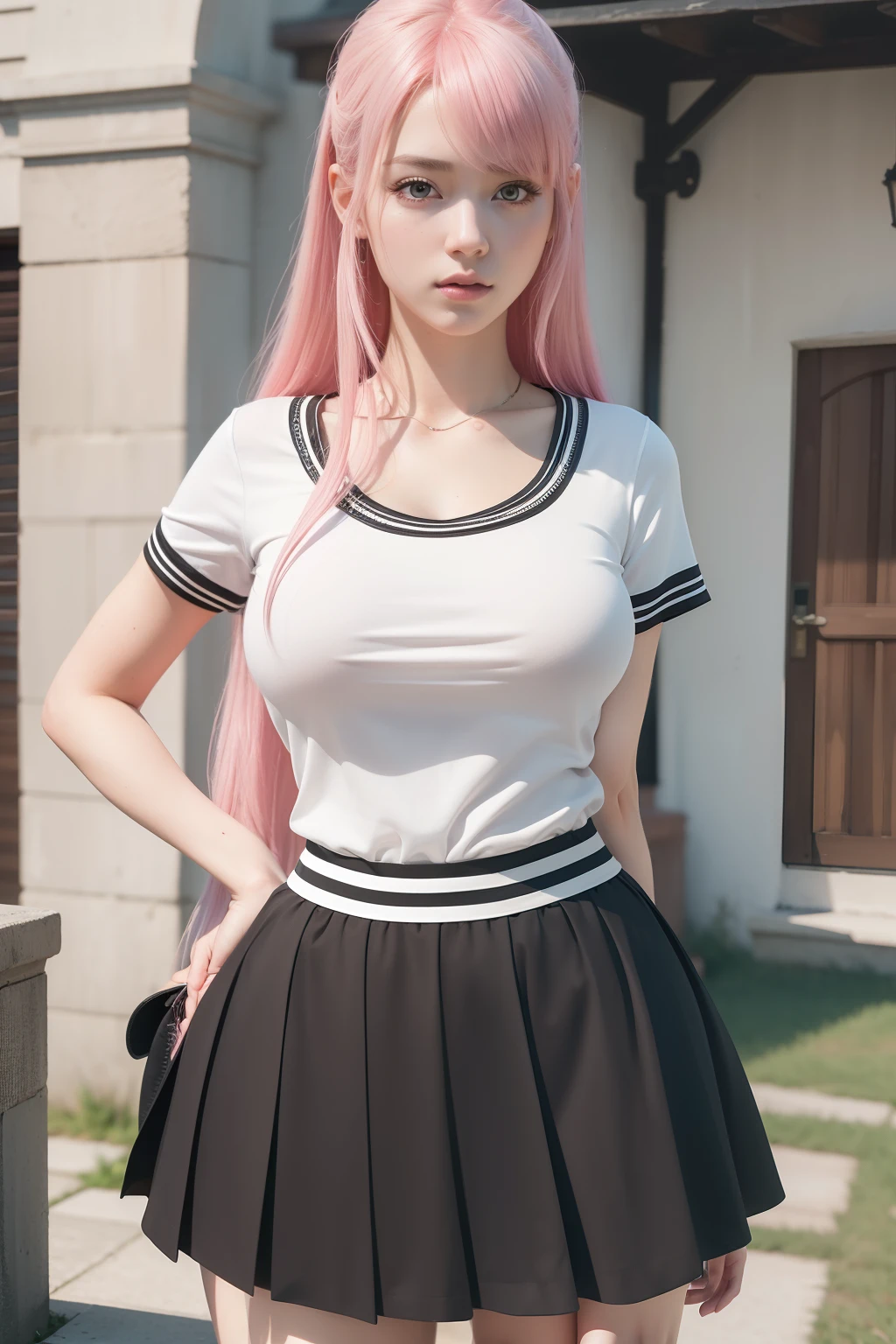 (8k, RAW photos, top quality, masterpiece: 1.2), (realistic, photorealistic: 1.37), (High Quality), (Ultra realistic), (High Details), (Face detail), (Shadow Detail), ((wide hips)), ((big butt)), 1 girl, solo, pink hair, long hair, shite shirt, black skirt