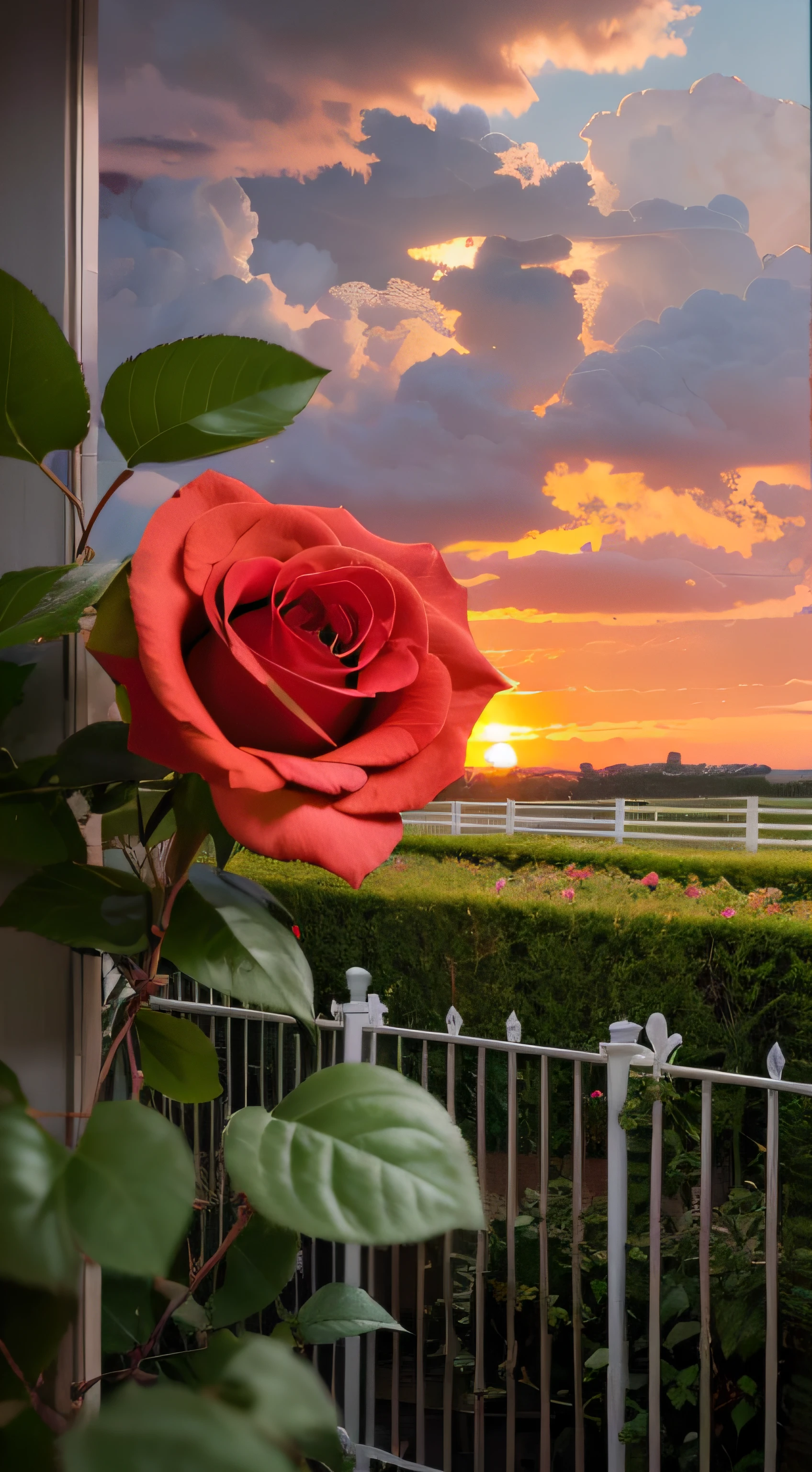 violent storm,Beautiful sunset,Romantic rose garden,Red rose,Romantic,Realistic,white fence,Sunset in the distance,High detail,lightand shade contrast,hyper HD,tmasterpiece,winning artwork,Best quality at best,A high resolution,16k