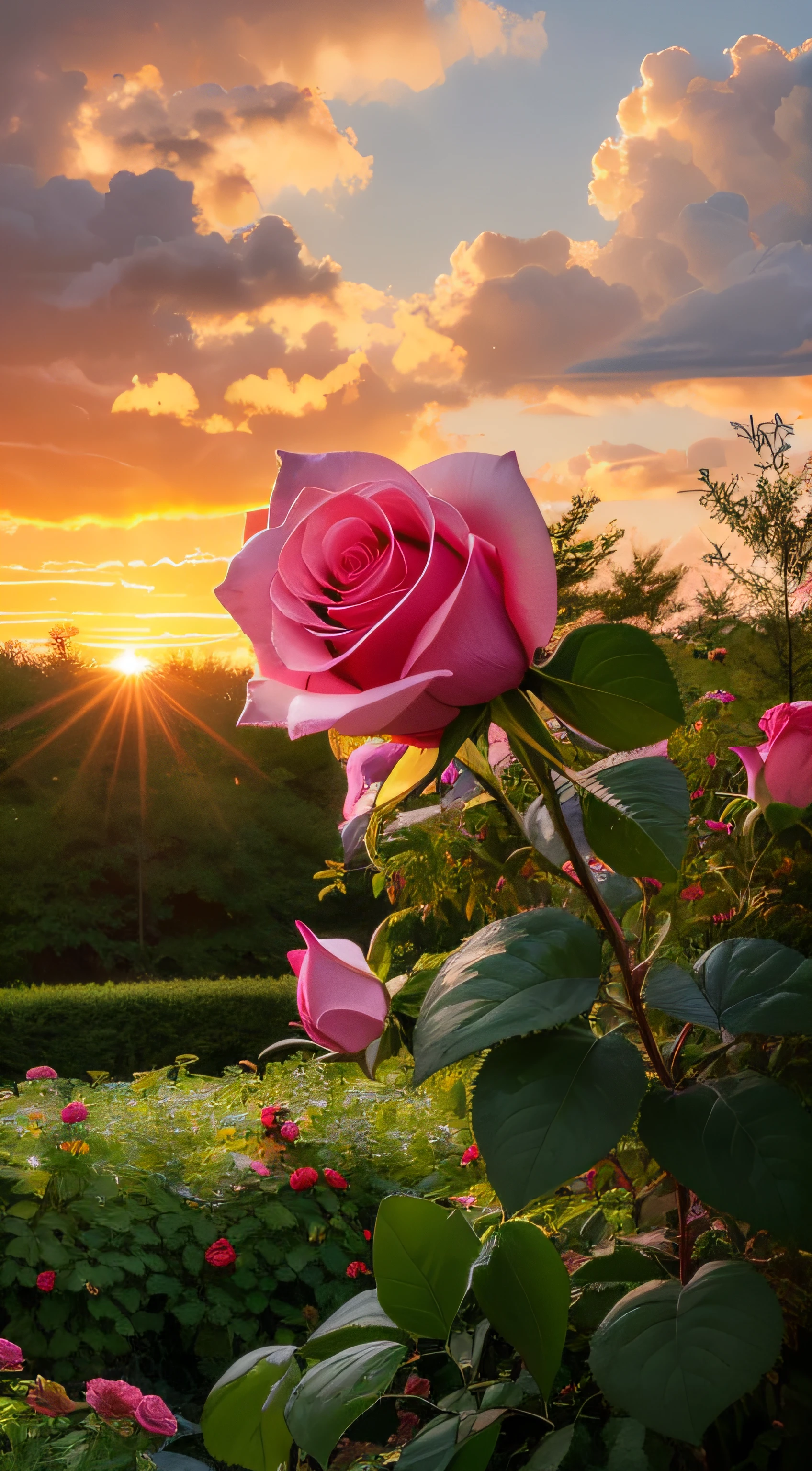 violent storm,Beautiful sunset,Romantic rose garden,Red rose,Romantic,Realistic,white fence,Sunset in the distance,High detail,lightand shade contrast,hyper HD,tmasterpiece,winning artwork,Best quality at best,A high resolution,16k