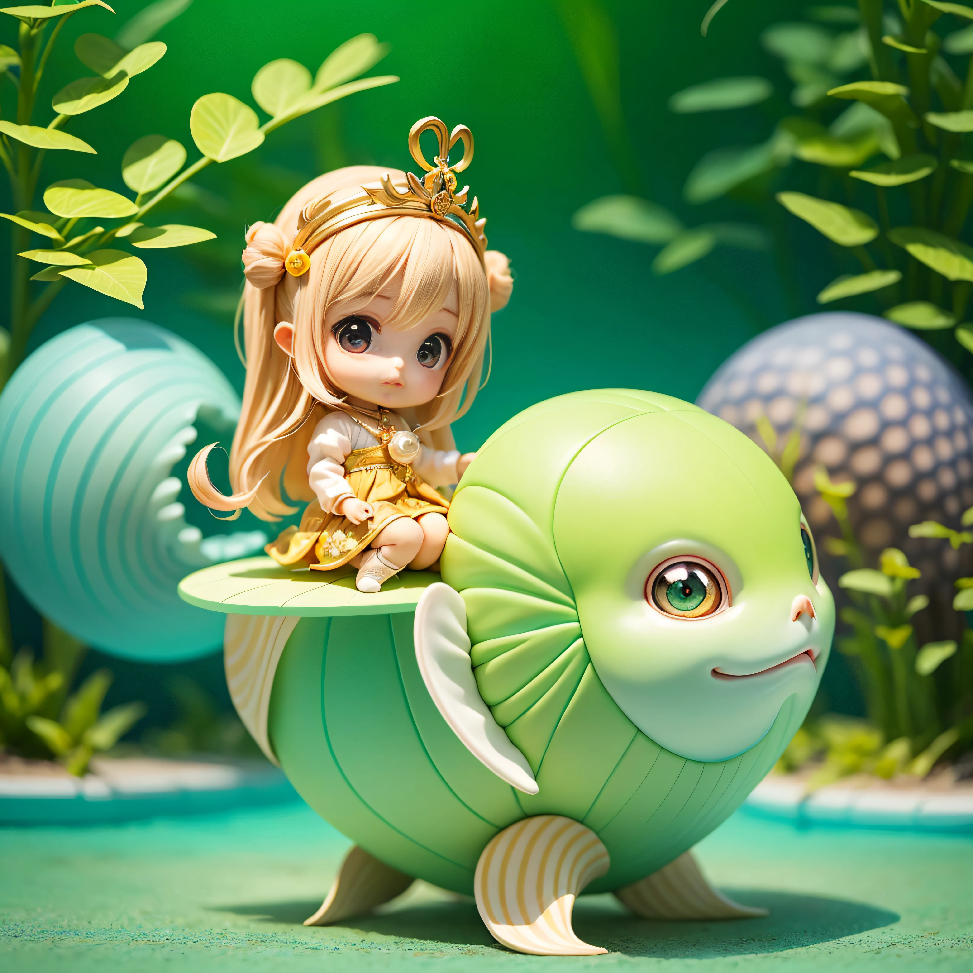 Cute Baby Chibi Anime, Pearl beige and pearl green clothes,Sit on a nautilus，Aquaworld，Nautilus Tiara,A lot of fish