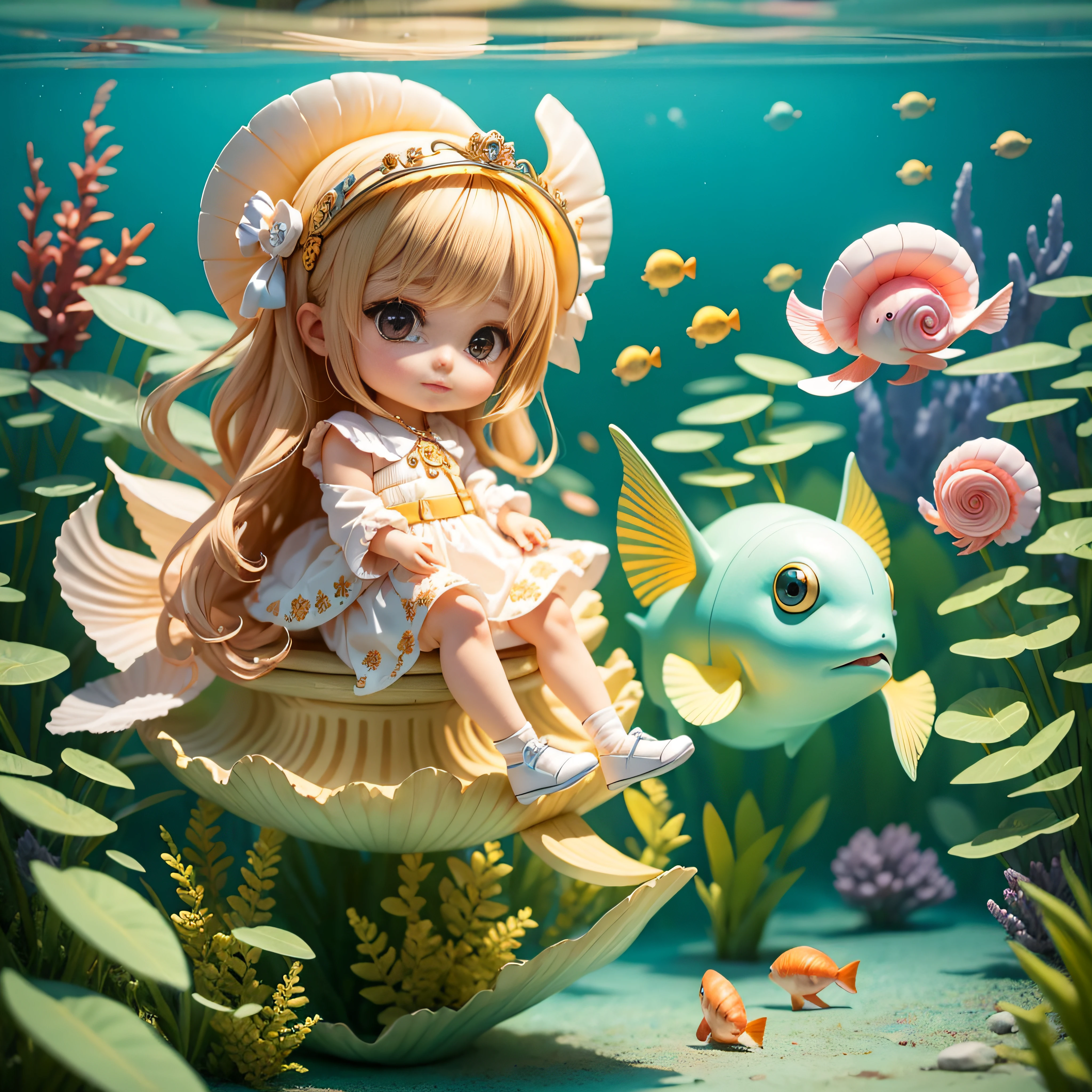 Cute Baby Chibi Anime, Pearl beige and pearl green clothes,Sit on a nautilus,Aquaworld,Nautilus Tiara,A lot of fish
