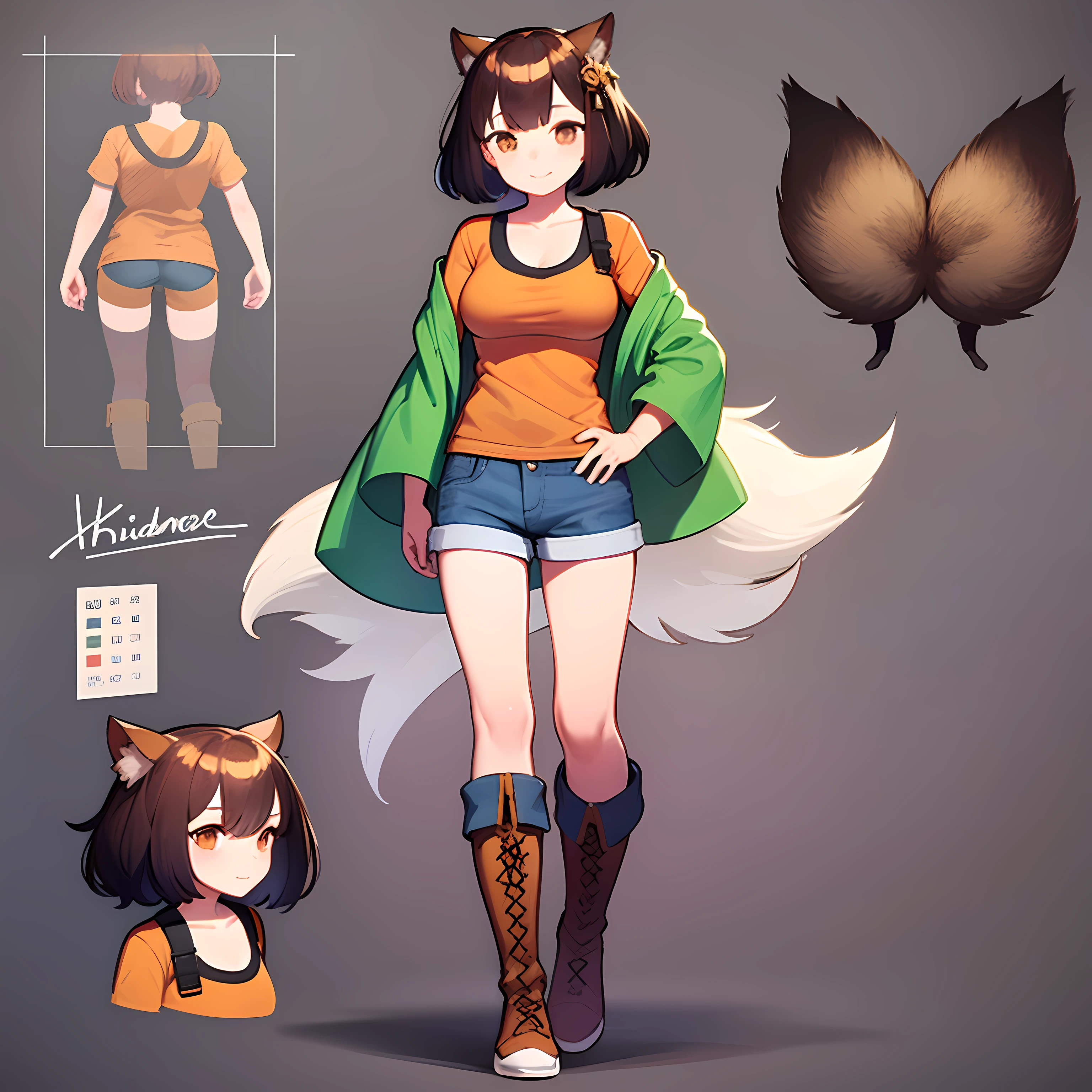 ung girl, character sheet, concept art, full body, (masterpiece:1.2), (best quality:1.3), standing, kitsune, orange short hair, green shirt, blue denim shorts, brown boots