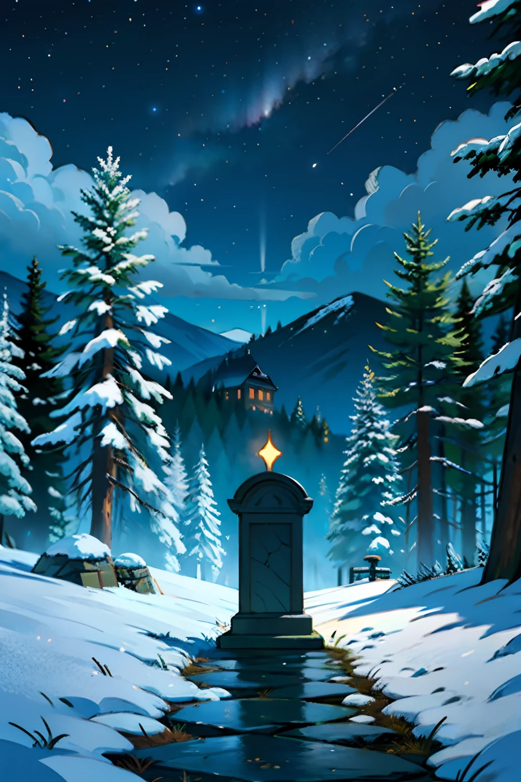 A painting of a winter landscape, pine trees, an open grave with a funeral wreath, eerie night time light, dark sky with stars.