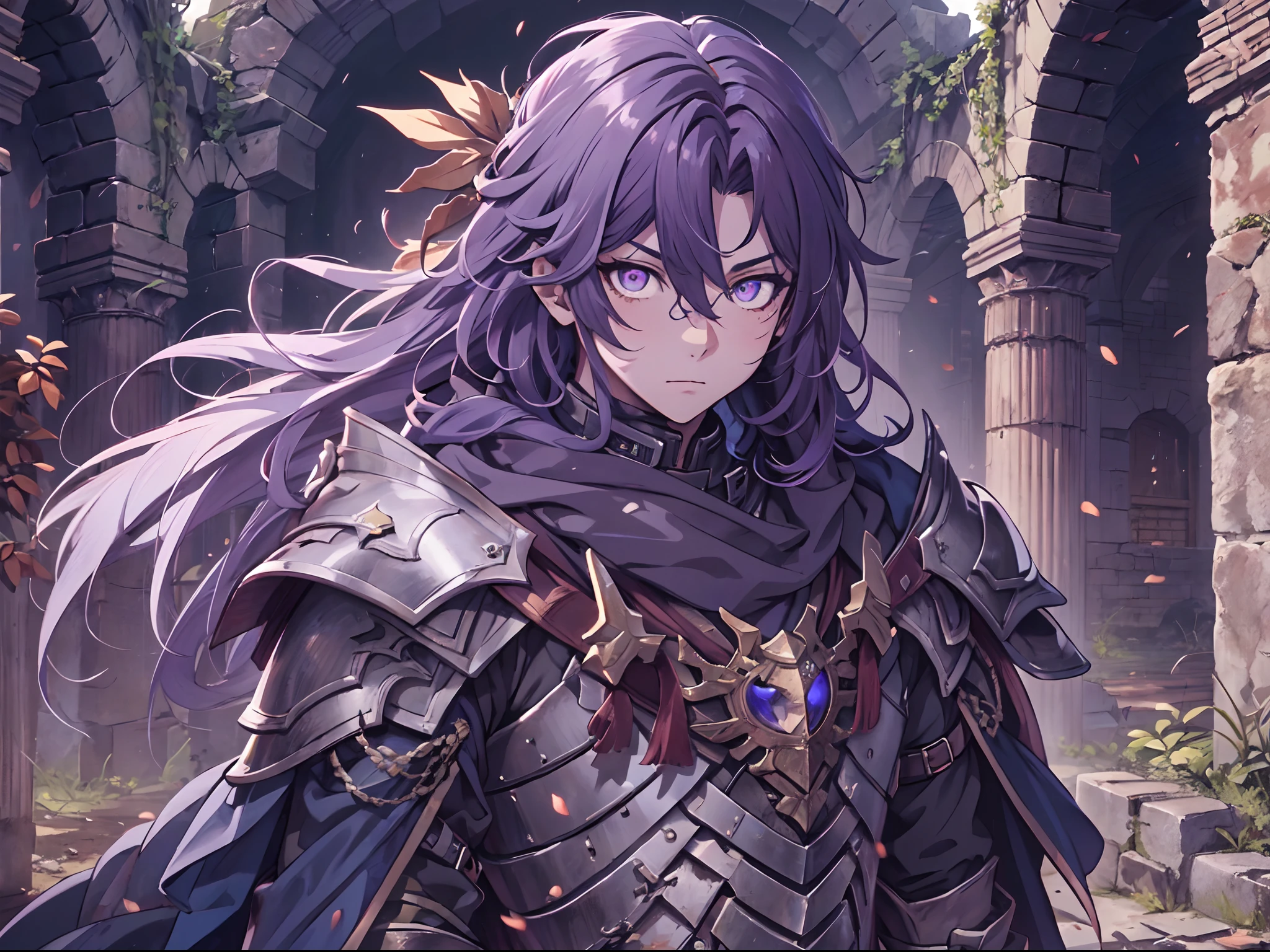 Ultra High Definition, Ultra High Quality, Extremely Detailed, 8k, 1 Boy, Rudeus Greyrat From Mushoku Tensei Anime, Handsome, Armored With War General Armor, Pure Purple Pupil Eyes, Long Haired Tied With Chinese Hairpin, Body To Legs Body Shot, Ancient Ruins Background,
