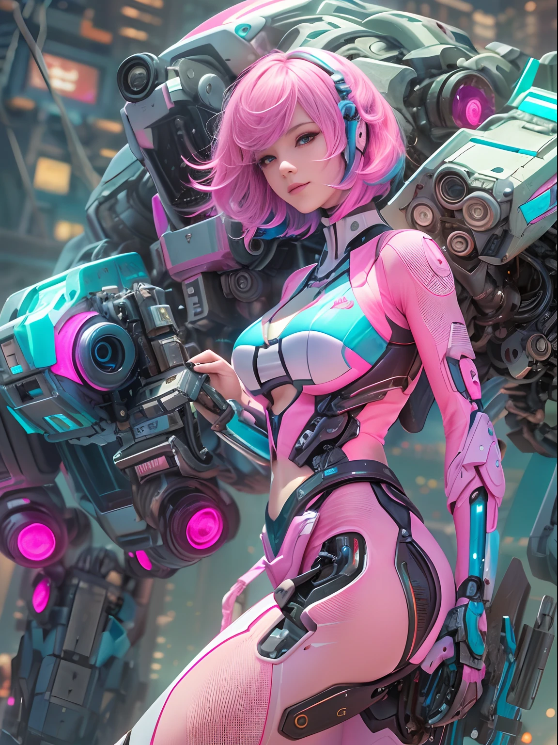 a female soft Nsfw cyborg,erotic posing,doujin,hentai,kawaii,stylish,pussy,busty, pubic hair,glamour,pink color tone,psychedelic costume,armored,A Cyberpunk dystopian girl,fantasic dystopia,dystopian scape,bladerunner,ghost in the shell,photorealistic,psychedelic colourful tone,posing,armed,guns,weapons,masterpiece,ultimate detailed,8k,detailed background