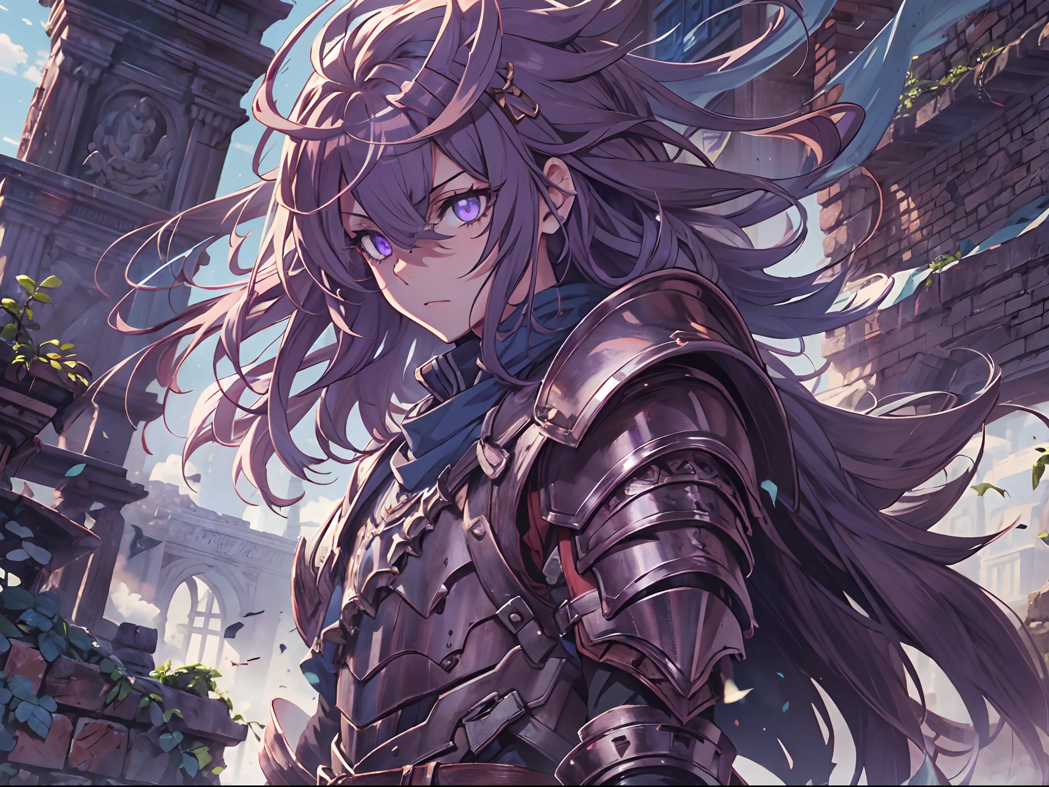 Ultra High Definition, Ultra High Quality, Extremely Detailed, 8k, 1 Boy, Rudeus Greyrat From Mushoku Tensei Anime, Handsome, Armored With War General Armor, Pure Purple Pupil Eyes, Long Haired Tied With Chinese Hairpin, Body To Legs Body Shot, Ancient Ruins Background,