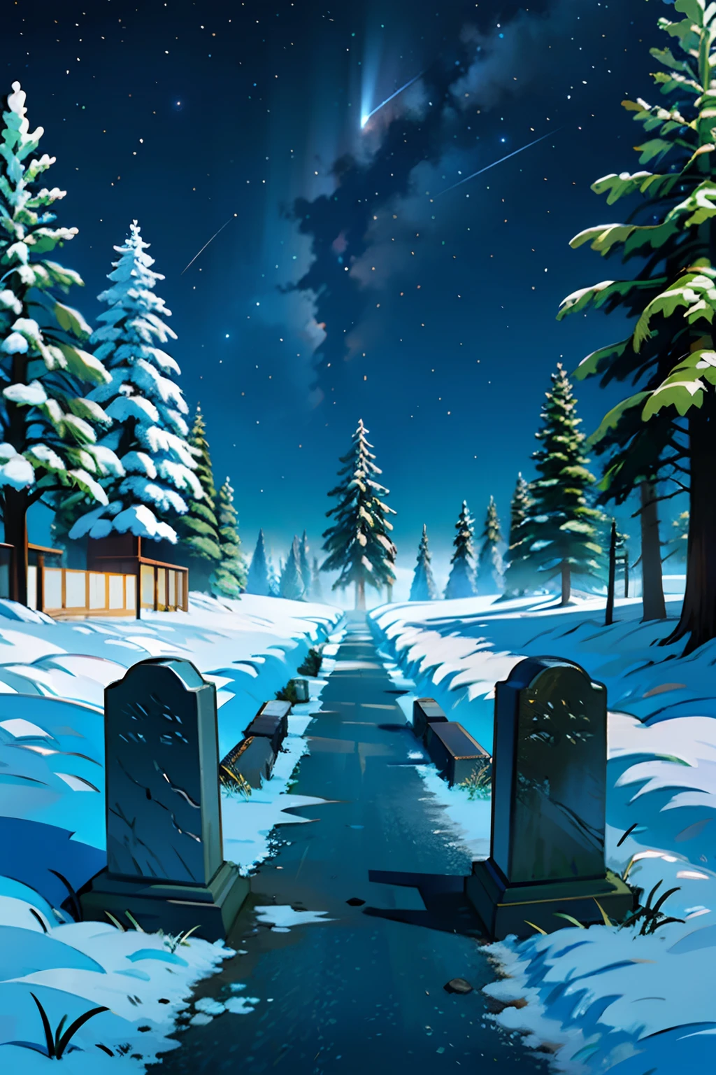 A painting of a winter landscape, pine trees, an open grave with a funeral wreath, eerie night time light, dark sky with stars.