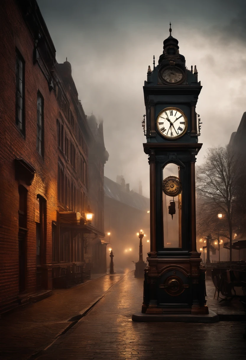 steampunk, cityscape, high clock tower, retro building, sidewalk, gear, bolt, fog, steam, unique, super high quality, super detailed, antique, retro,