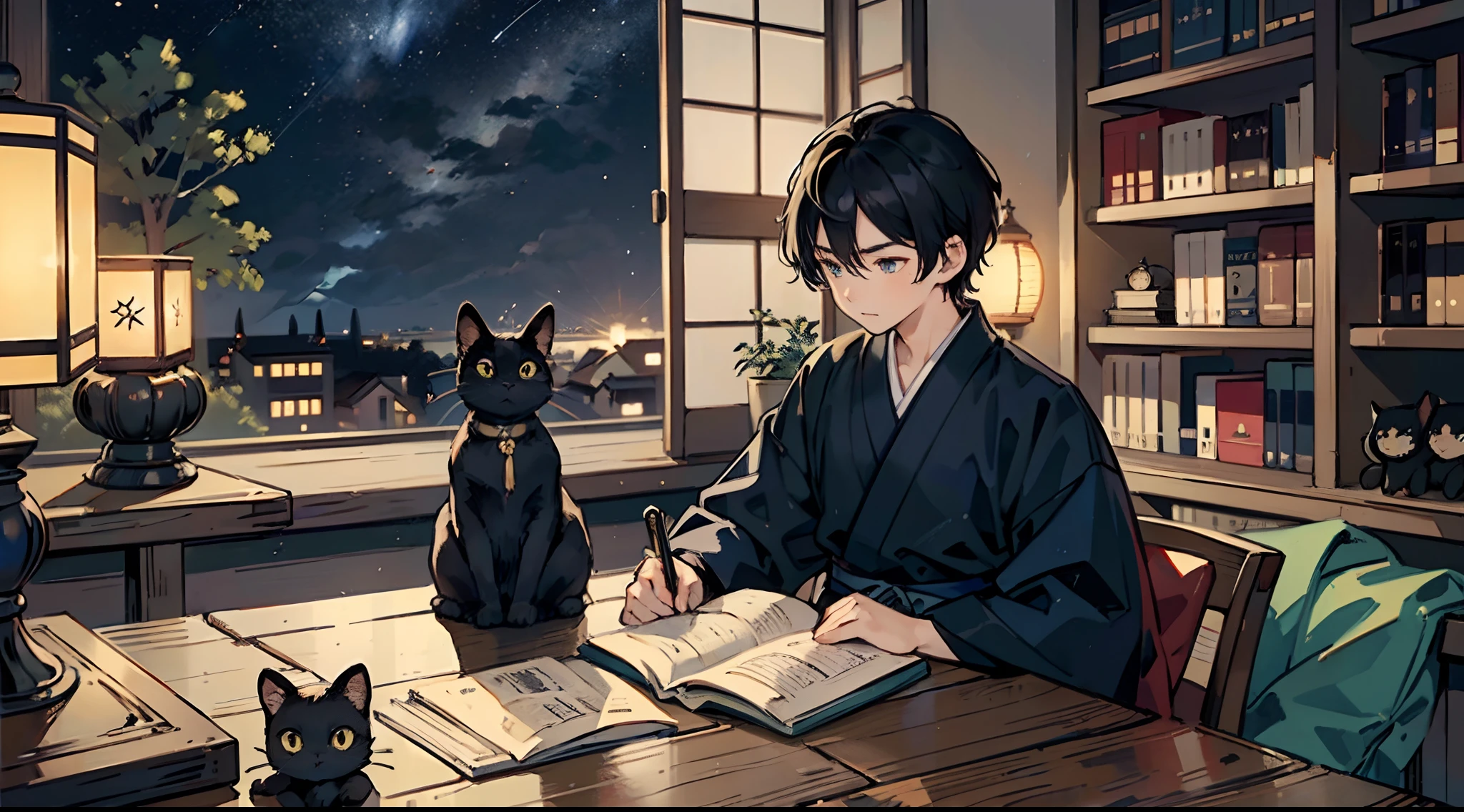 #quality (intricate-detail、ultra-detailliert:1.2,cinematic shot), #night landscape (Dark blue night sky), #One Writing Boy ( male、writer,Honor Students、A dark-haired、short-hair、Hakama,Sit flat), #Dark room (Only one candle,A book on a desk,Beautiful tatami mats,a lots of books,bookshelf,Black cat)