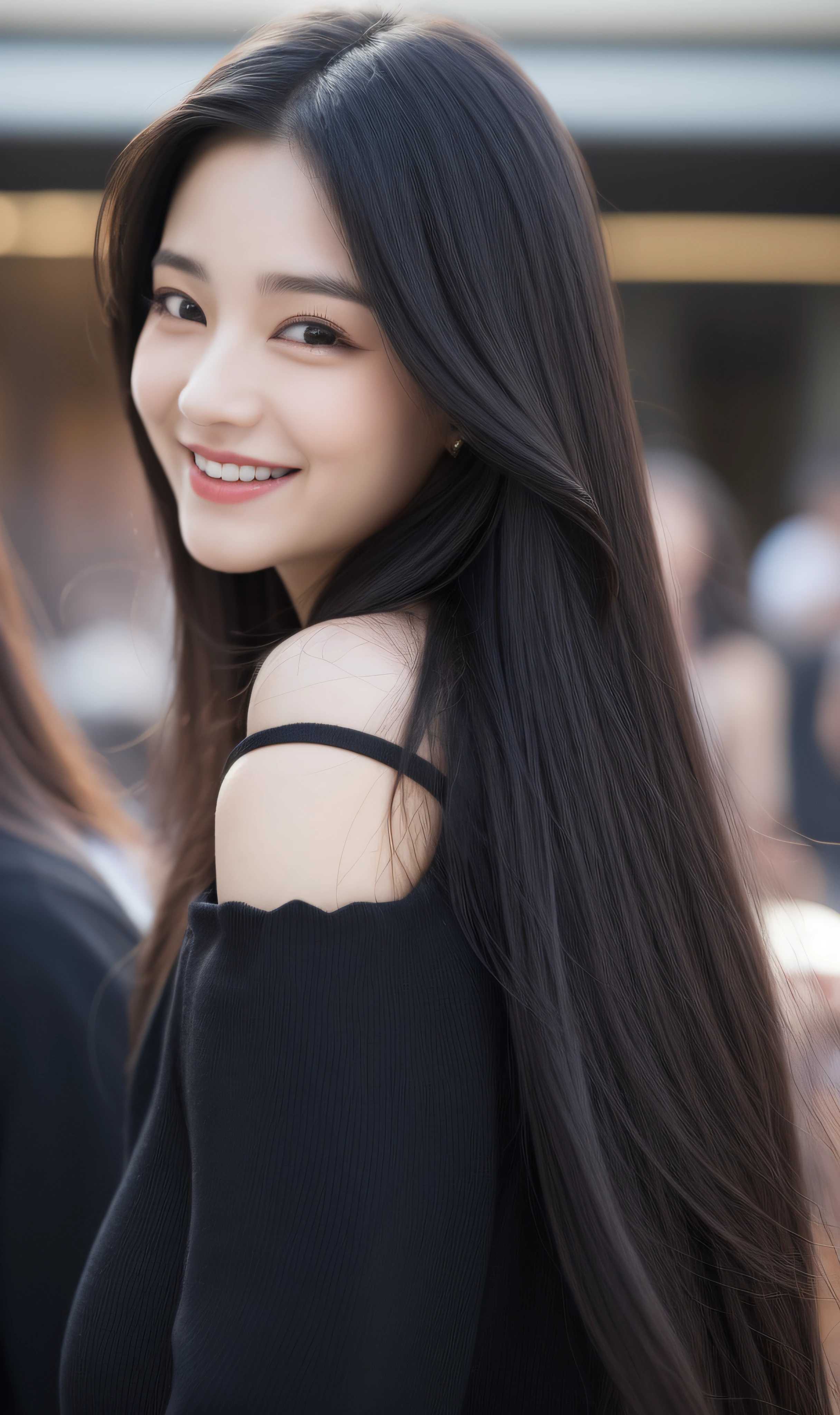(Top quality, 8k, Masterpiece: 1.3), 1 girl, smiling, thin face, beautiful woman, (long black hair), long dress: 1.1, ultra detailed face, detailed eyes, double eyelids, blurred background, thin face , with big breasts, detailed abdomen, city, outside, street, Korean woman, realistic image.