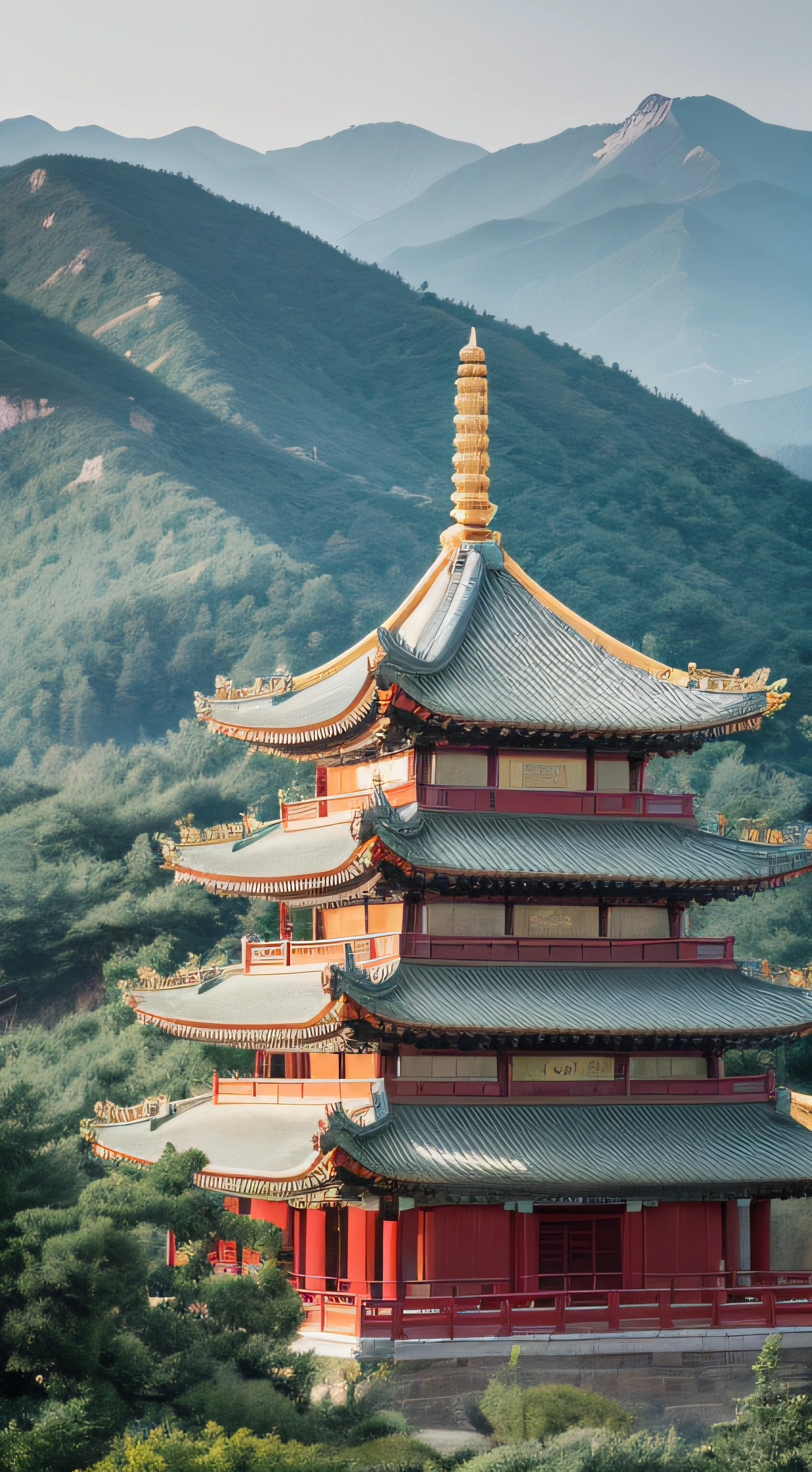 China's magnificent rivers and mountains,The top of the mountain looks down on all living beings,ancient buildings of China,Temple,Maple Grove,Statue of Shakyamuni,intricately details,Hyper-realistic,sharp detailed,High detail,lightand shade contrast,hyper HD,tmasterpiece,winning artwork,Best quality at best,A high resolution,16k