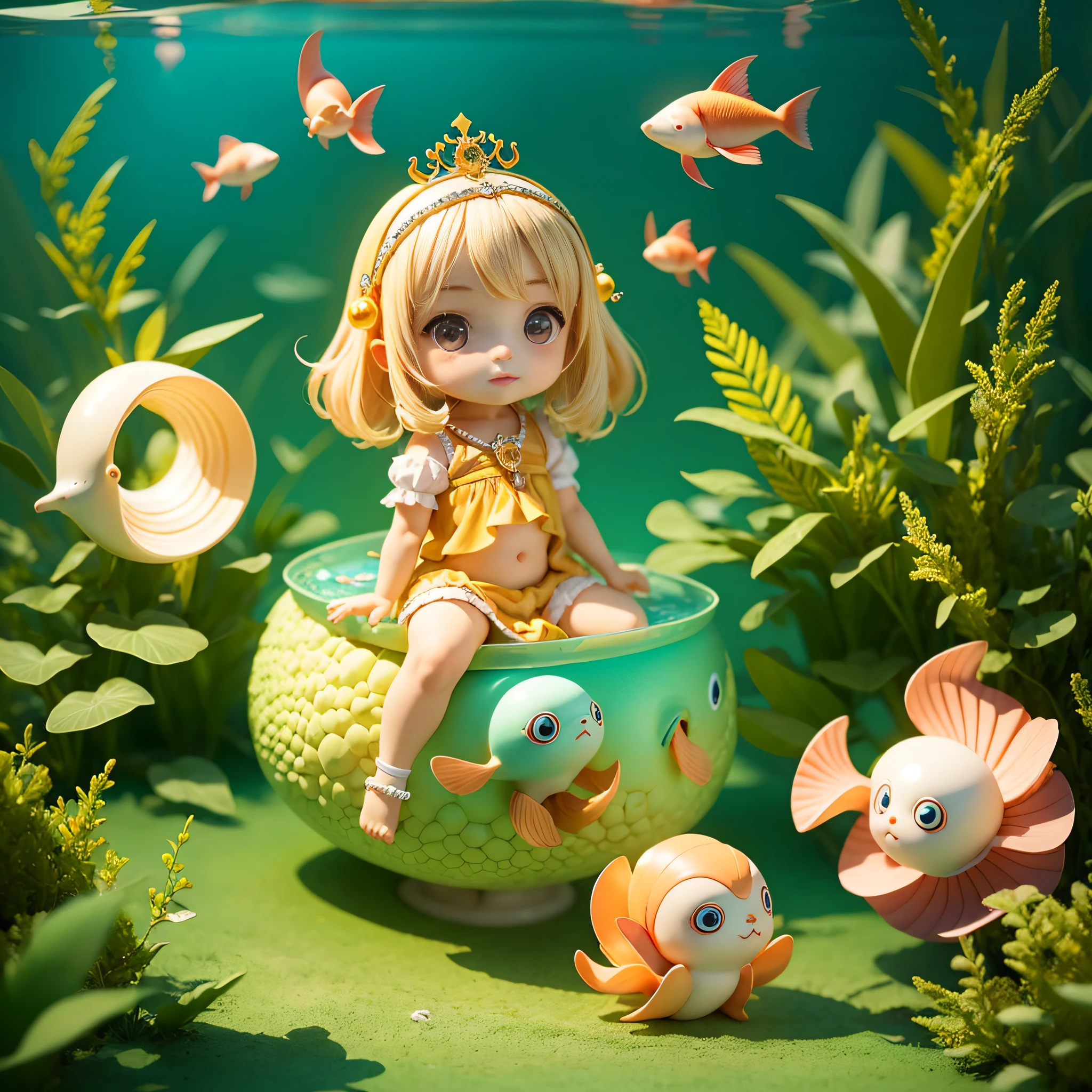 Cute  Chibi Anime, Pearl beige and pearl green clothes,Sit on a nautilus，Aquaworld，Nautilus Tiara,A lot of fish