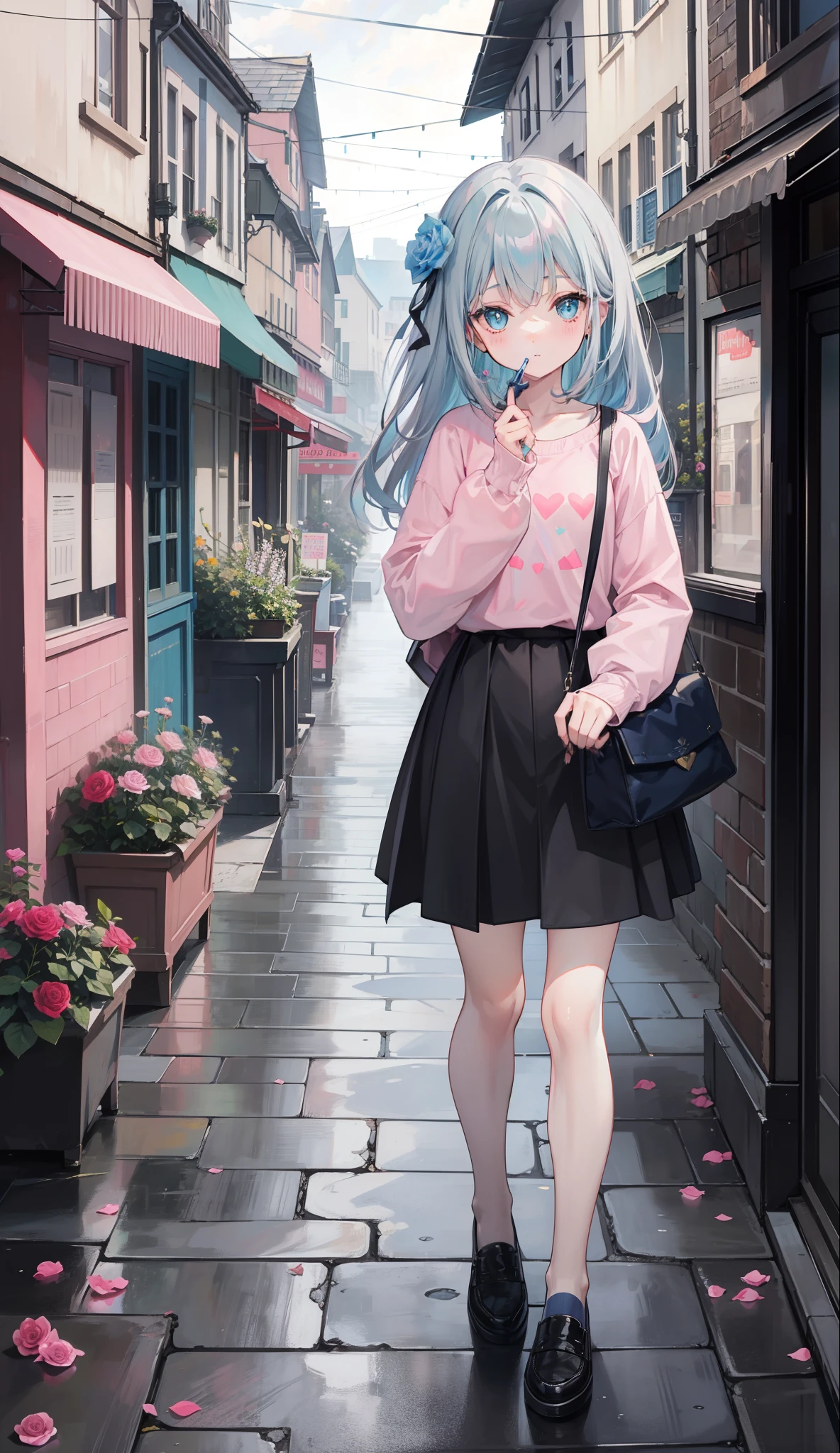Gray-pink bangs，Blue-green eyes，cute female child，the street，candy store，Signboard，european buildings，Slate pavement，Rose flower，starrysky