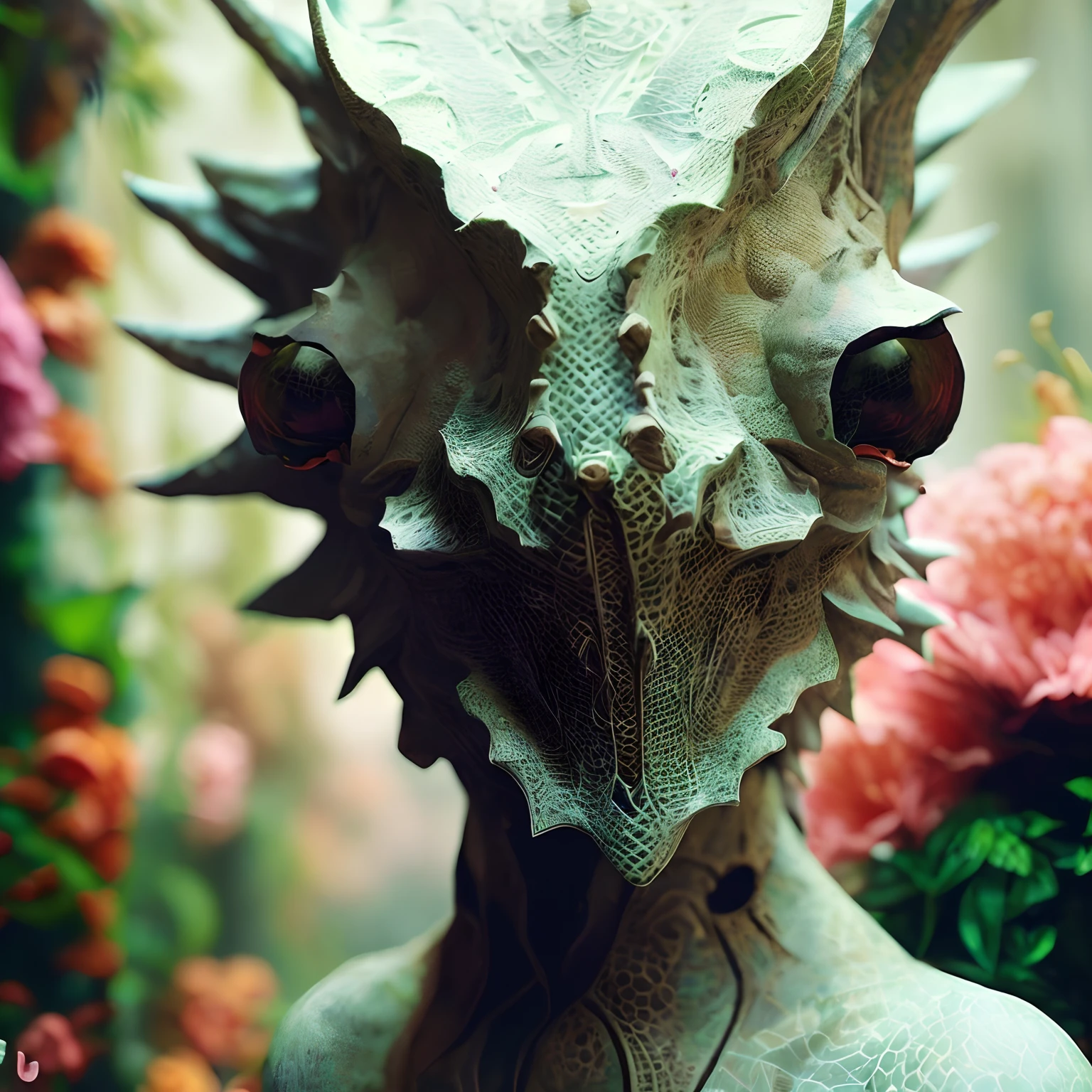 there is a statue of a horned head with horns and a flower, vegetal dragon cyborg, lizard head, alien flora and fauna, sci-fi lizard alien, lizard person, alien plants and animals, dragon head, humanoids overgrown with flowers, creature head, creature bust, ancient creature, detailed creature, alebrijes aesthetic, hybrid creature, ellen jewett