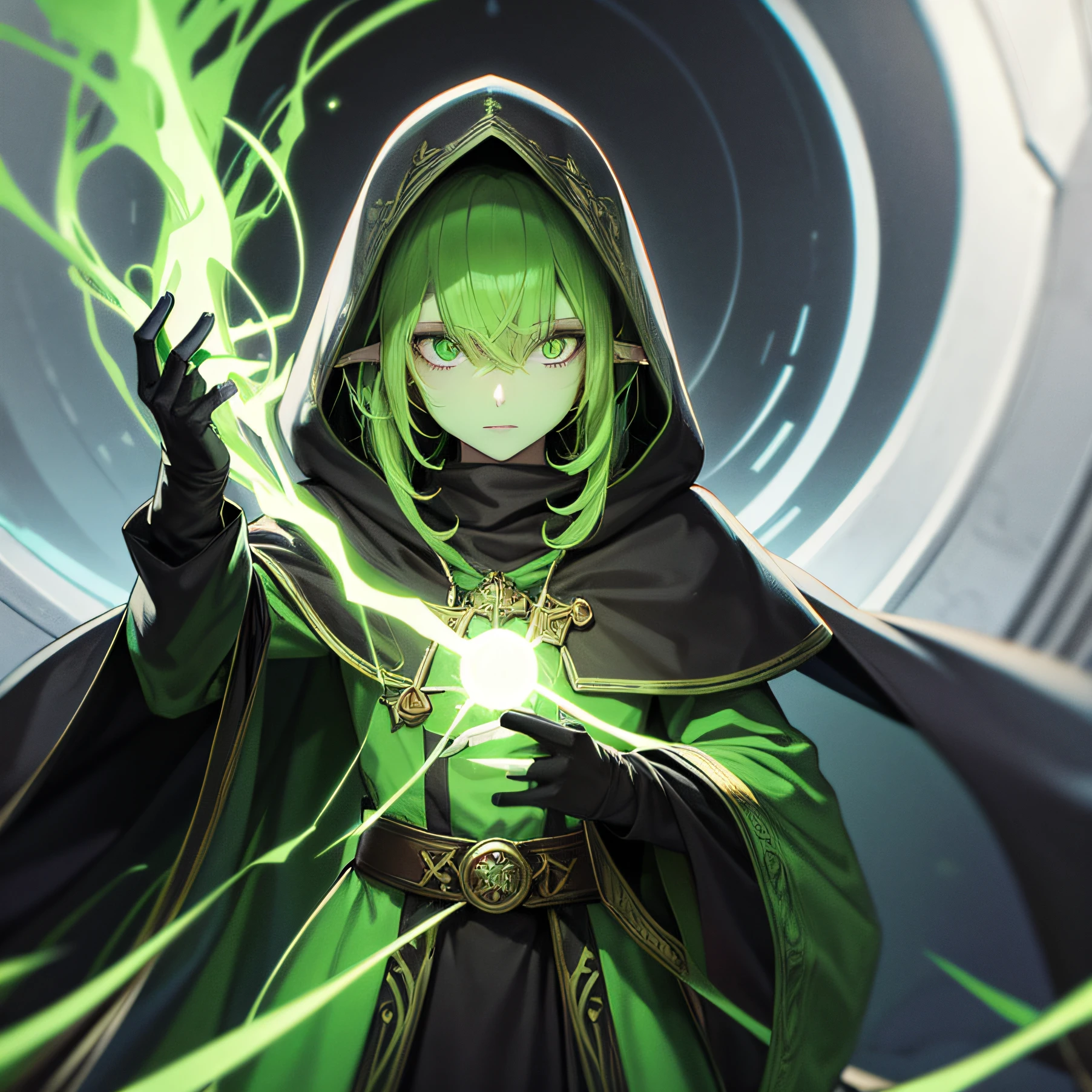 Elf, warlock, hooded, green glowing eyes, acolyte