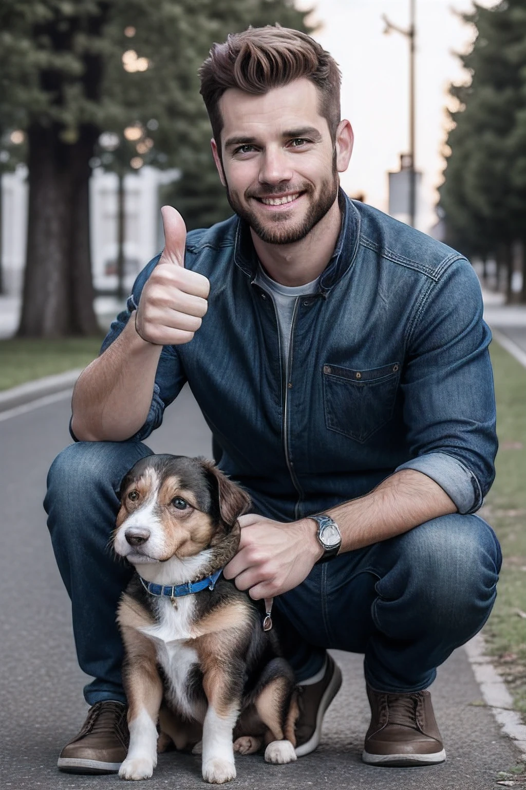 a realistic photo, 8k, ultra HD, of a guy giving a thumbs up to the camera, while posing with his dog