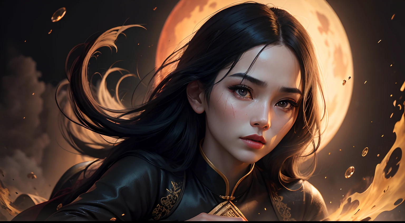 (8k, best quality, masterpiece:1.2), (realistic, photo-realistic:1.37) woman in Ao Dai standing with korean sword, black medium hair, black eyes, red lips, Ao Dai with white lottus on yellow background, red moon on black background, plump face detailed hyper detailed, detailed face, super high quality, super fine detail, super fine Ao Dai pattern, hyper detailed, candid photo POV, by lee jeffries, nikon d850, film stock