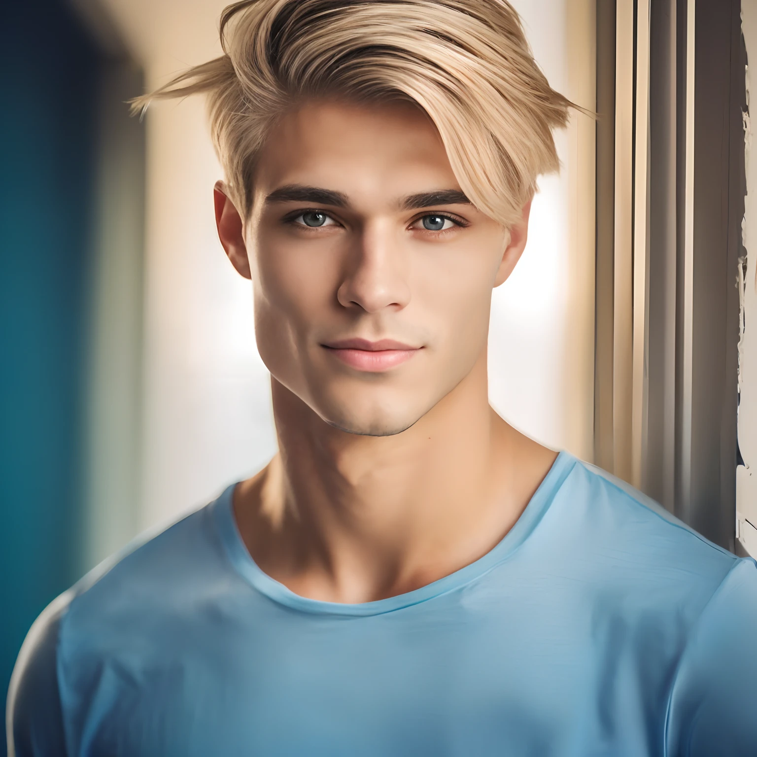 Homem loiro com olhos azuis e uma camisa azul posando para uma foto, homem loiro, cara loiro, bonito rosto atraente, Blonde and attractive features, macho atraente, rosto bonito perfeito, jovem bonito, Homem magro com pele bronzeada clara, cabelos loiros e olhos azuis, jovem atraente, Jovem com rosto bonito, homem atraente, cabelos loiros olhos azuis, Macho bonito