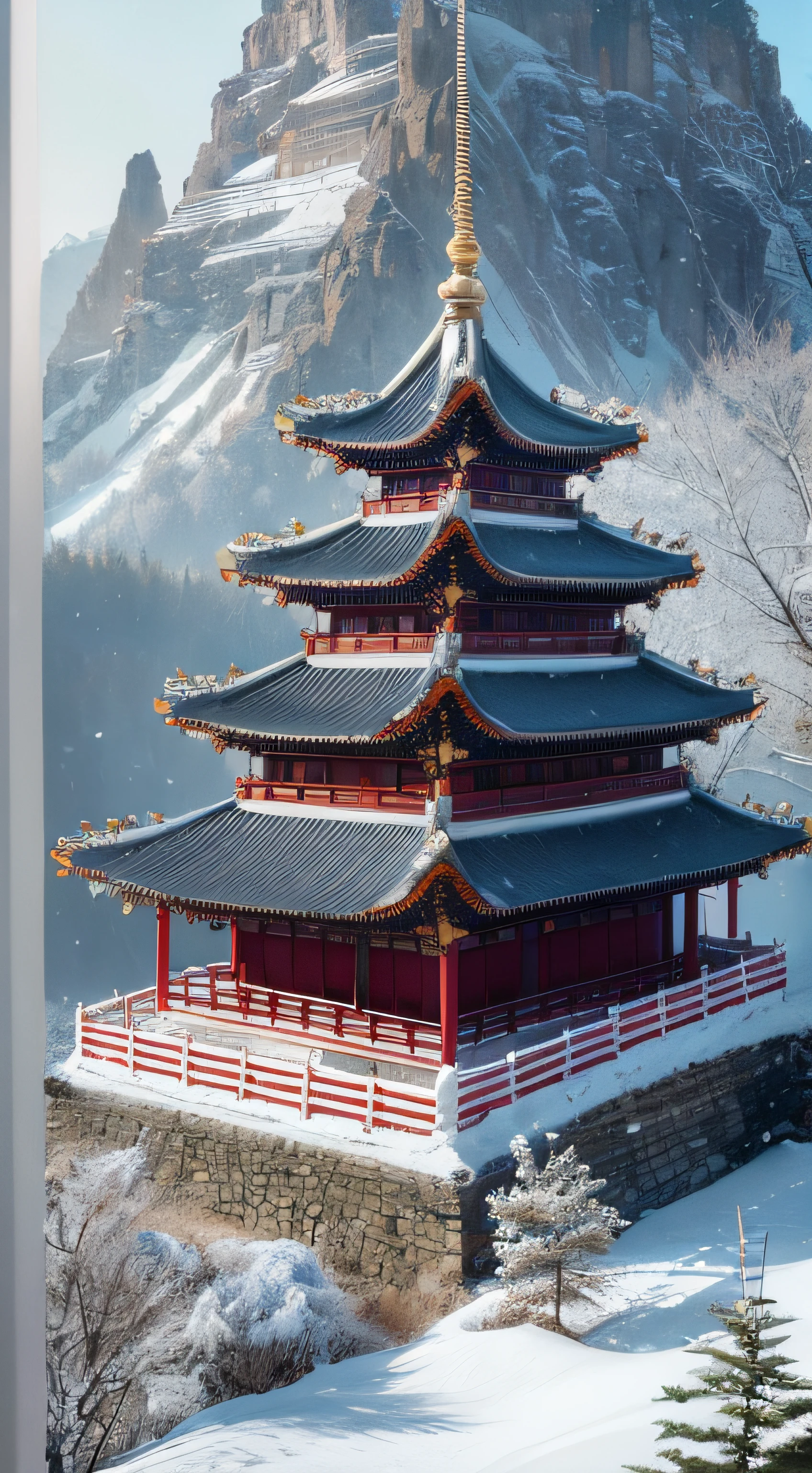 Covered with snow,The top of the mountain looks down on all living beings,ancient buildings of China,Temple,Maple Grove,Shakyamuni imagined,High detail,lightand shade contrast,hyper HD,tmasterpiece,winning artwork,Best quality at best,A high resolution,16k